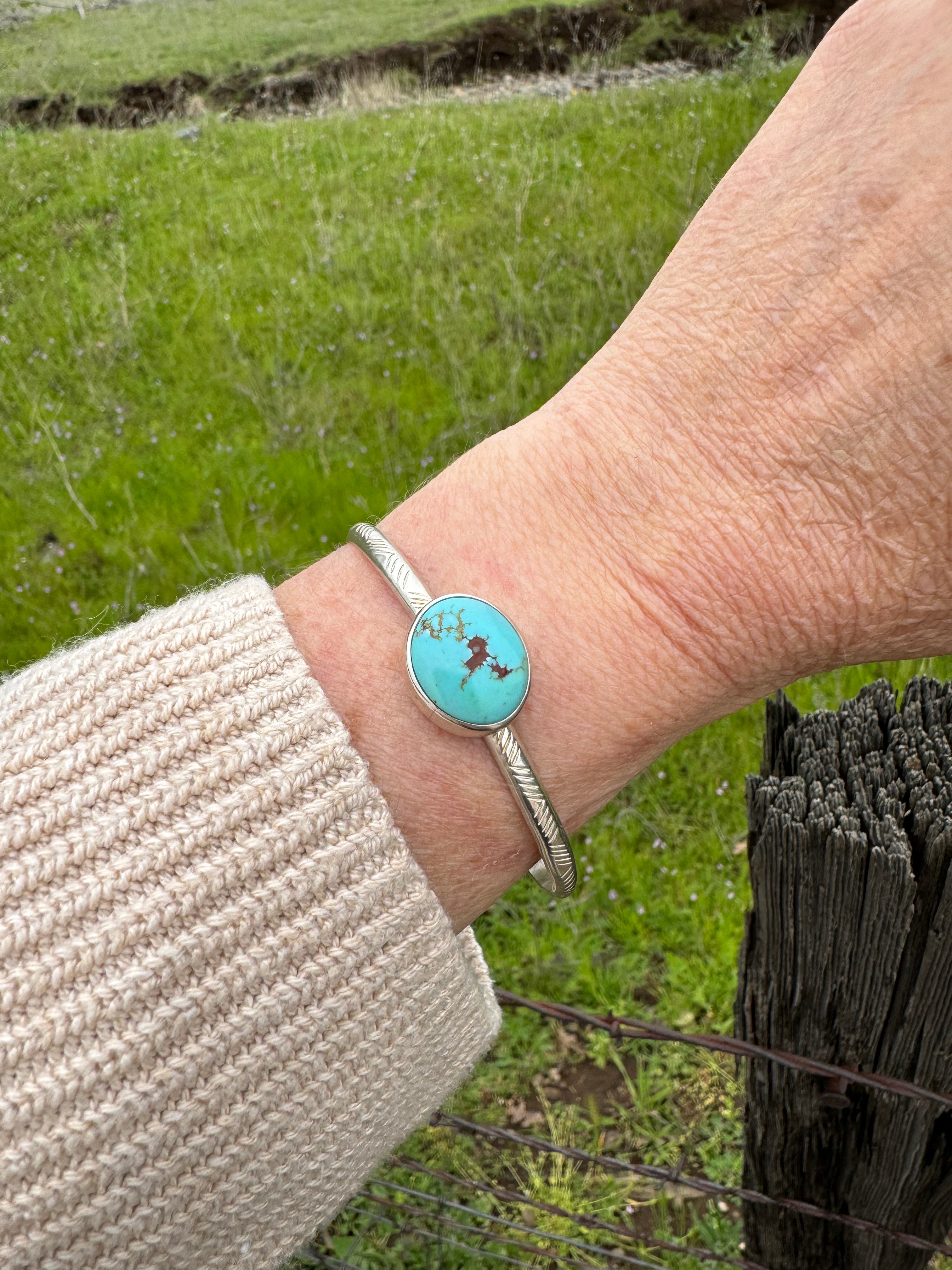 Stamped Sterling Stacker cuff with Golden Hills turquoise