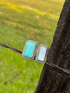 Double Time, Split-Shank Ring with Timberline Turquoise and flashy, Rainbow Moonstone