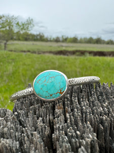 Stamped Sterling Stacker cuff with Timberline Turquoise