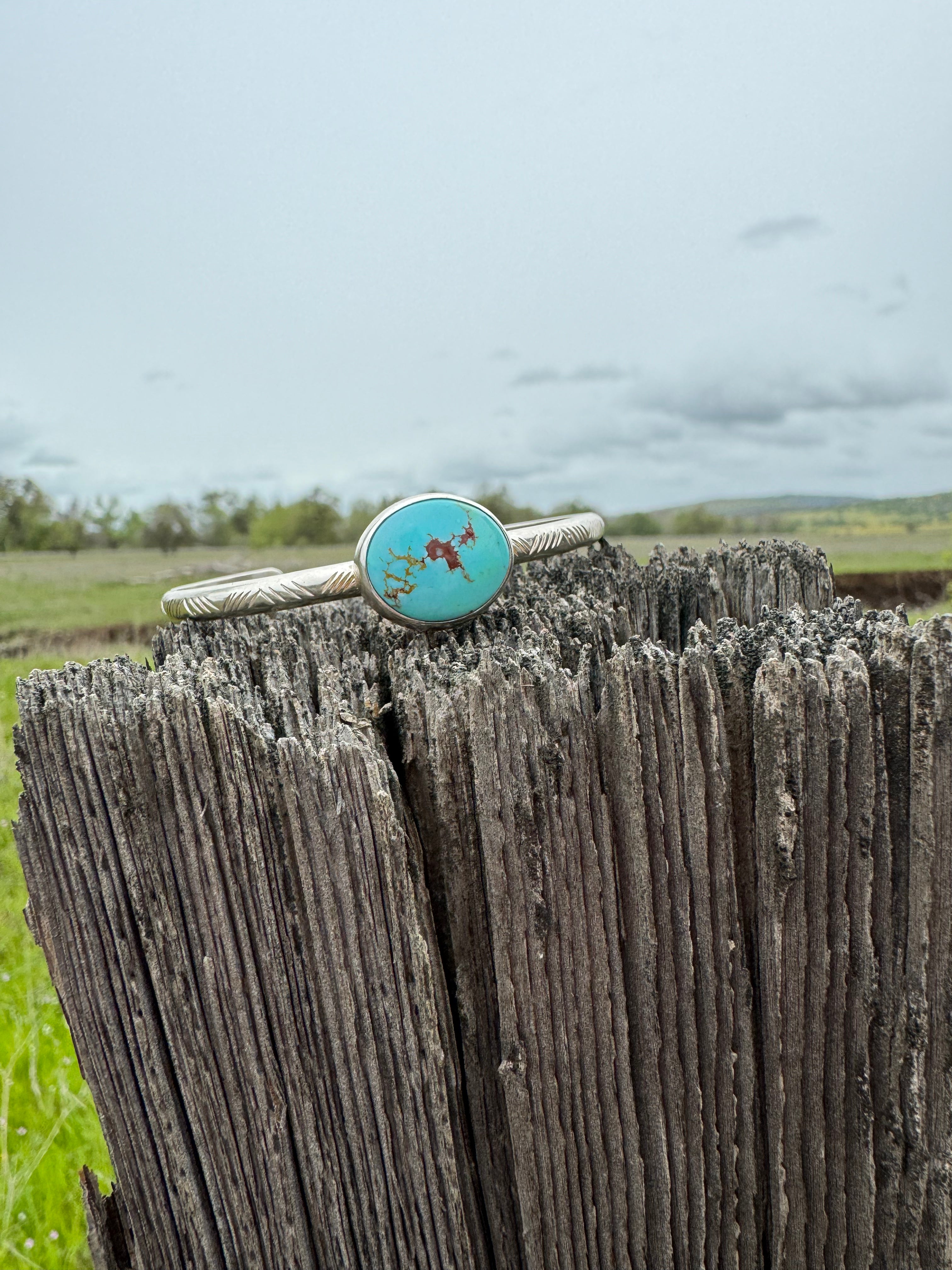 Stamped Sterling Stacker cuff with Golden Hills turquoise