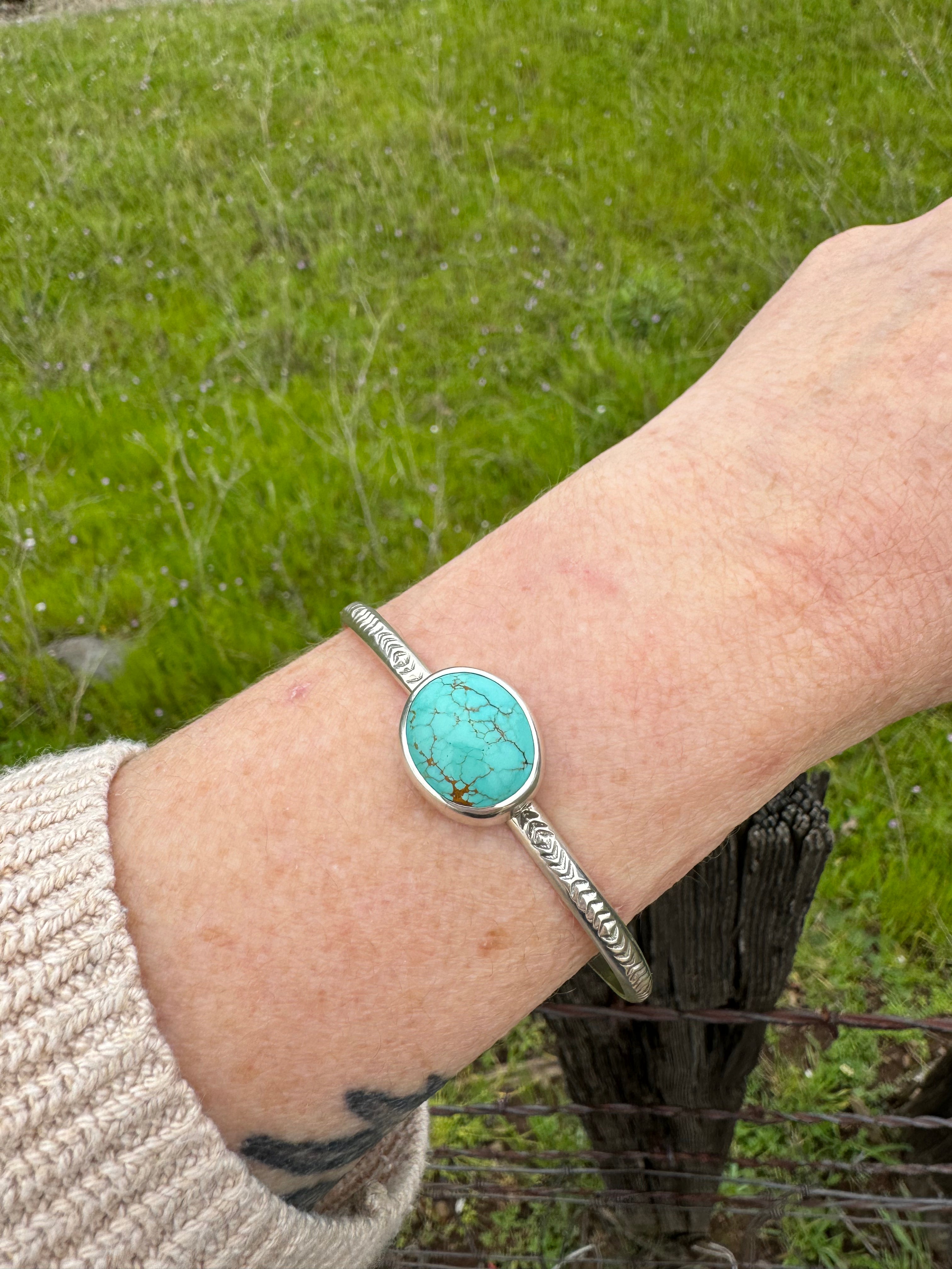 Stamped Sterling Stacker cuff with Timberline Turquoise