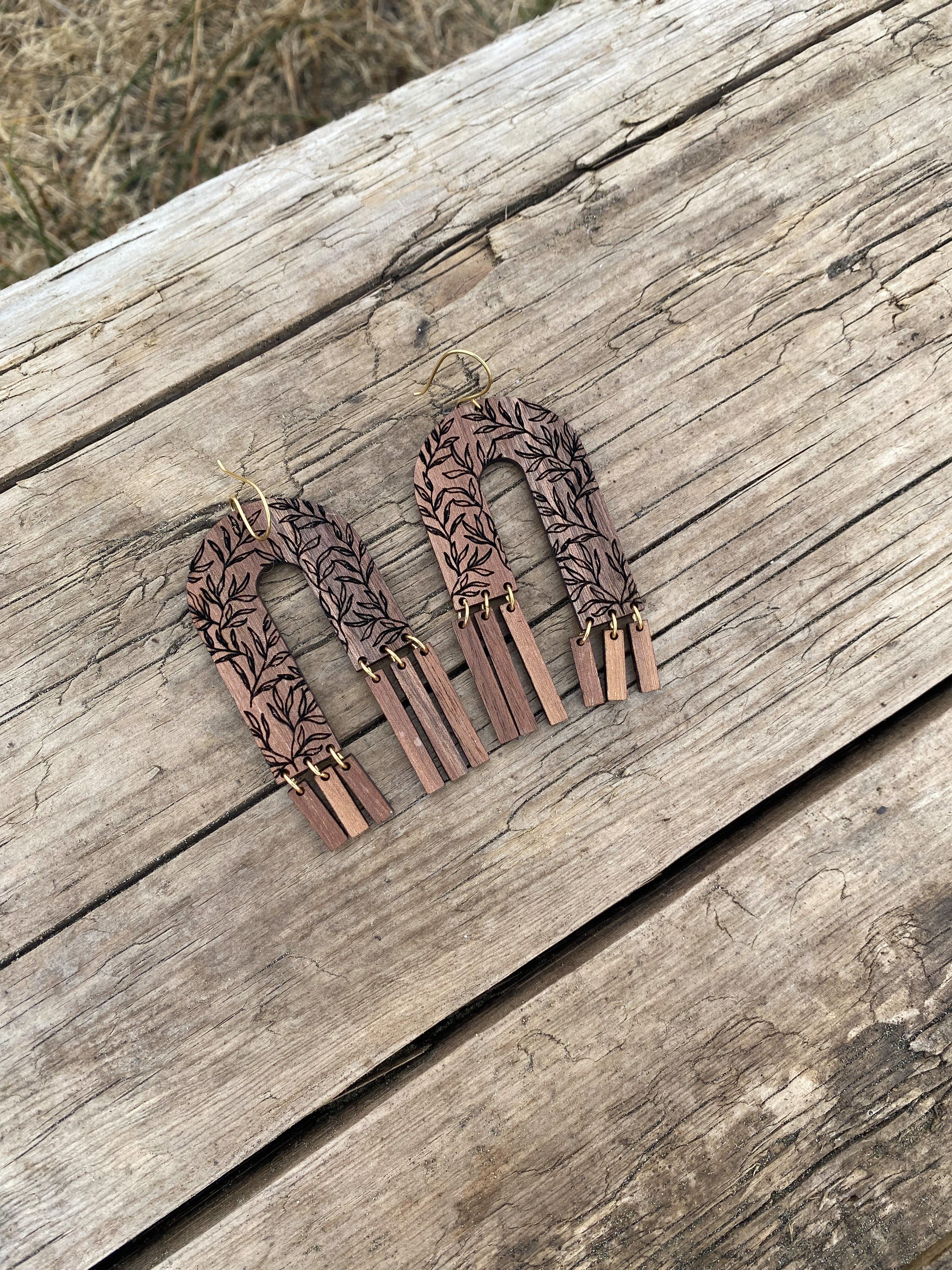 Arches and Fringe Floral earrings in Walnut wood with brass