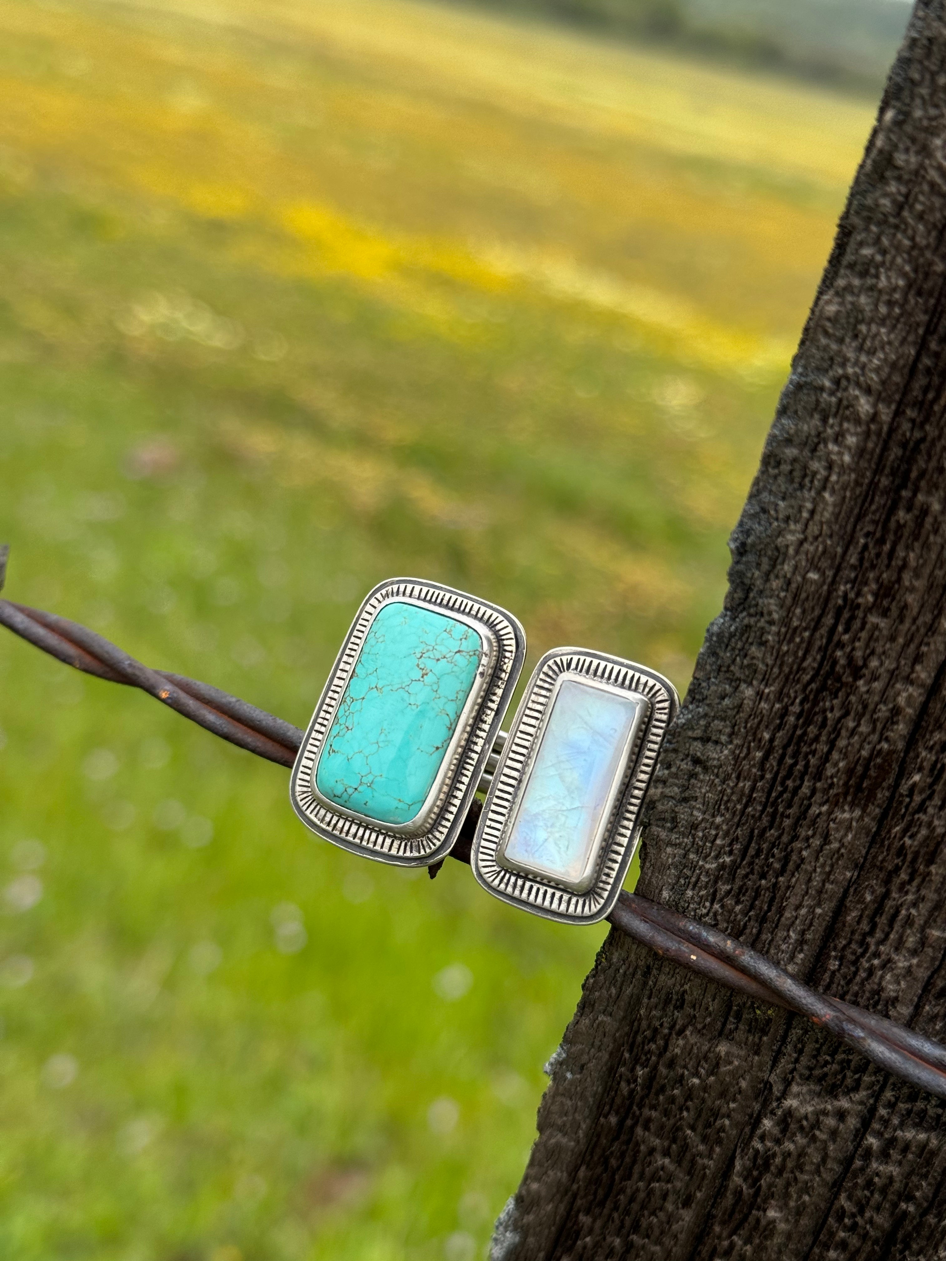 Double Time, Split-Shank Ring with Timberline Turquoise and flashy, Rainbow Moonstone