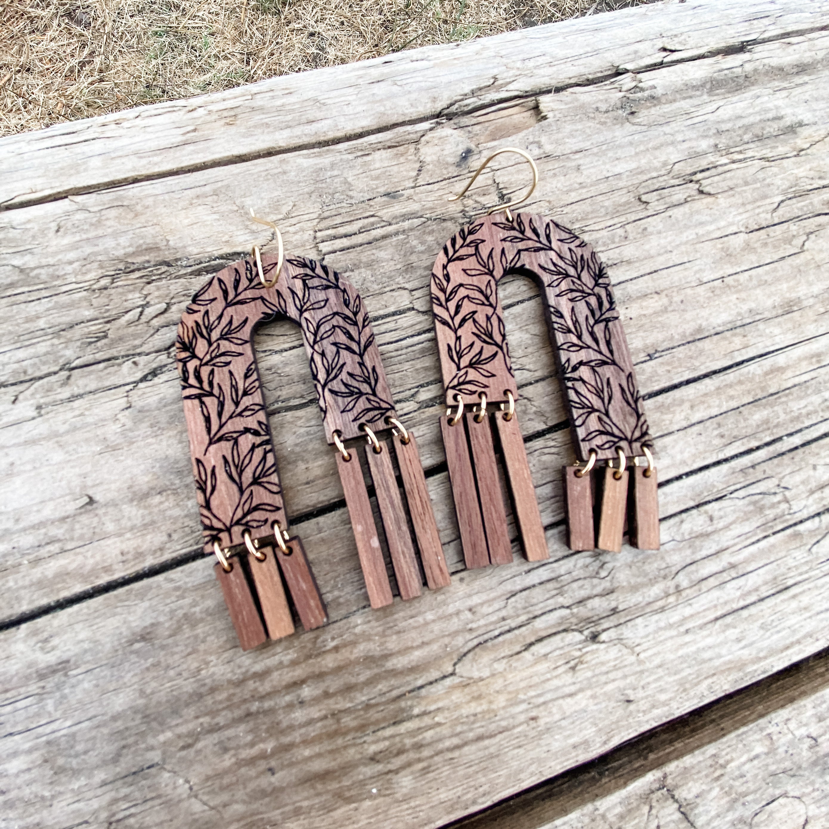 Arches and Fringe Floral earrings in Walnut wood with brass