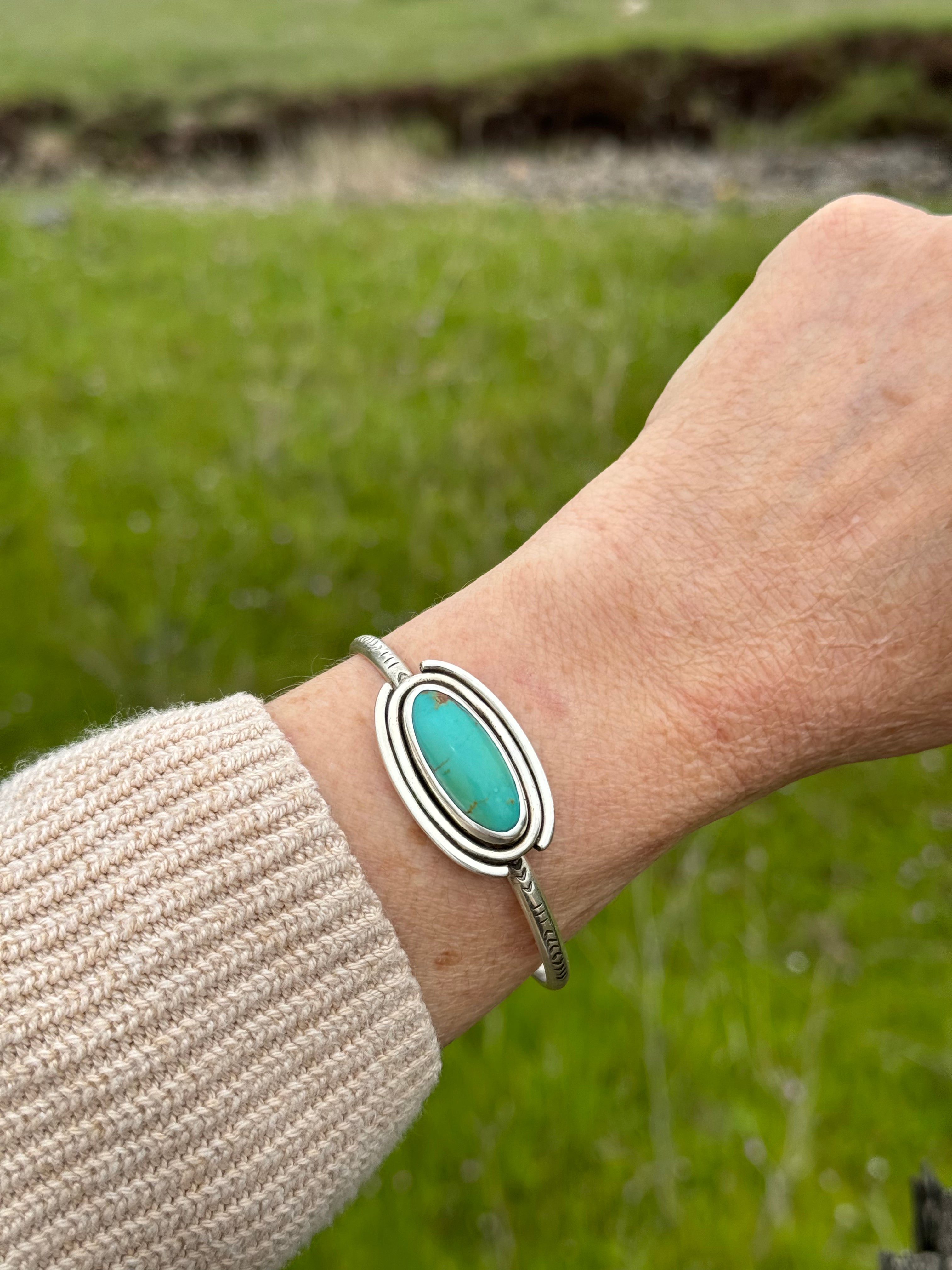 Neo Deco Stamped Sterling Stacker cuff with Timberline turquoise stone