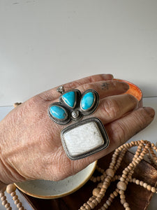 Double Time, Split-Shank Ring with Sonoran Turquoise stones and Scolecite