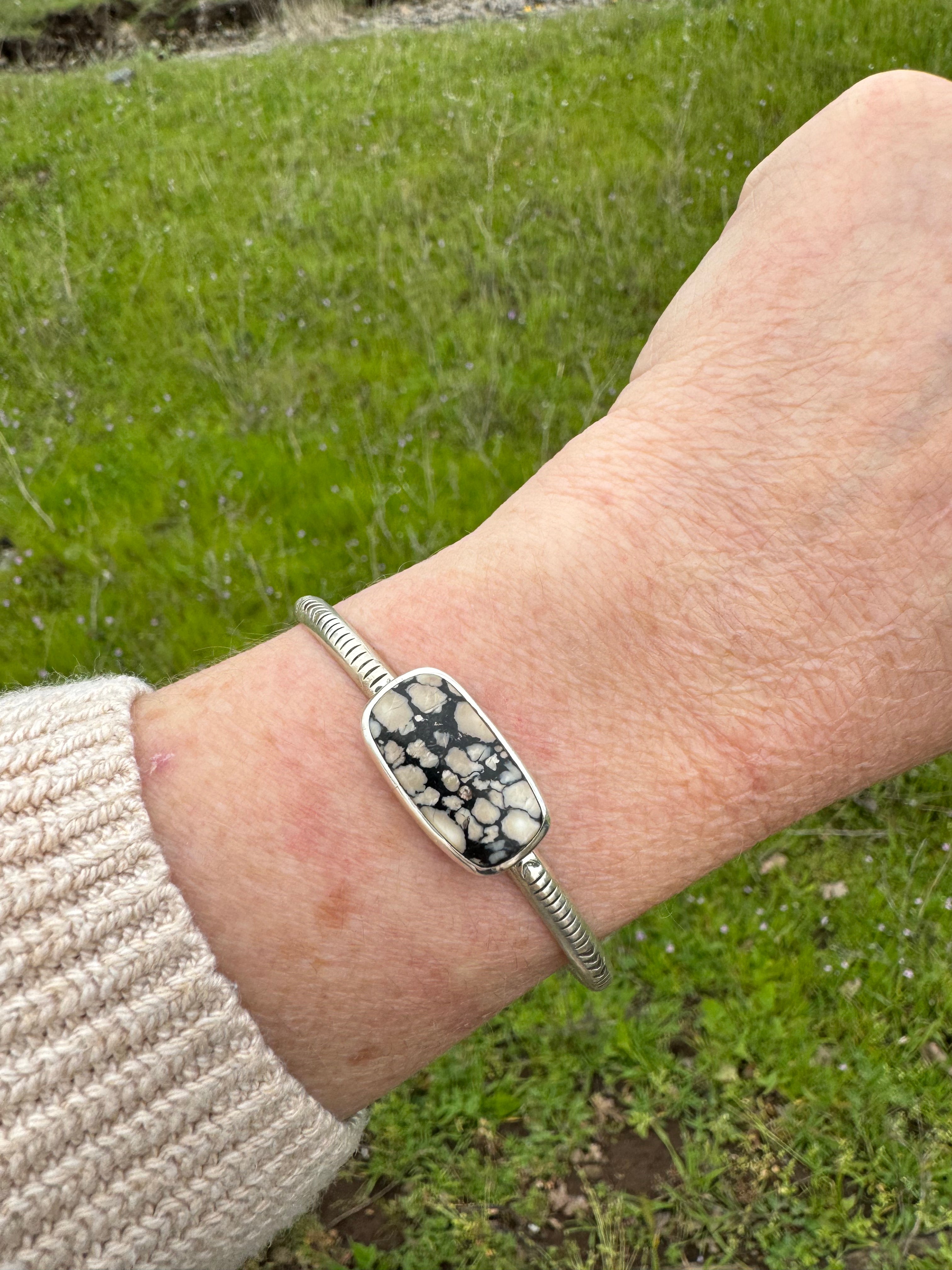 Stamped Sterling Stacker cuff with Dolamite stone