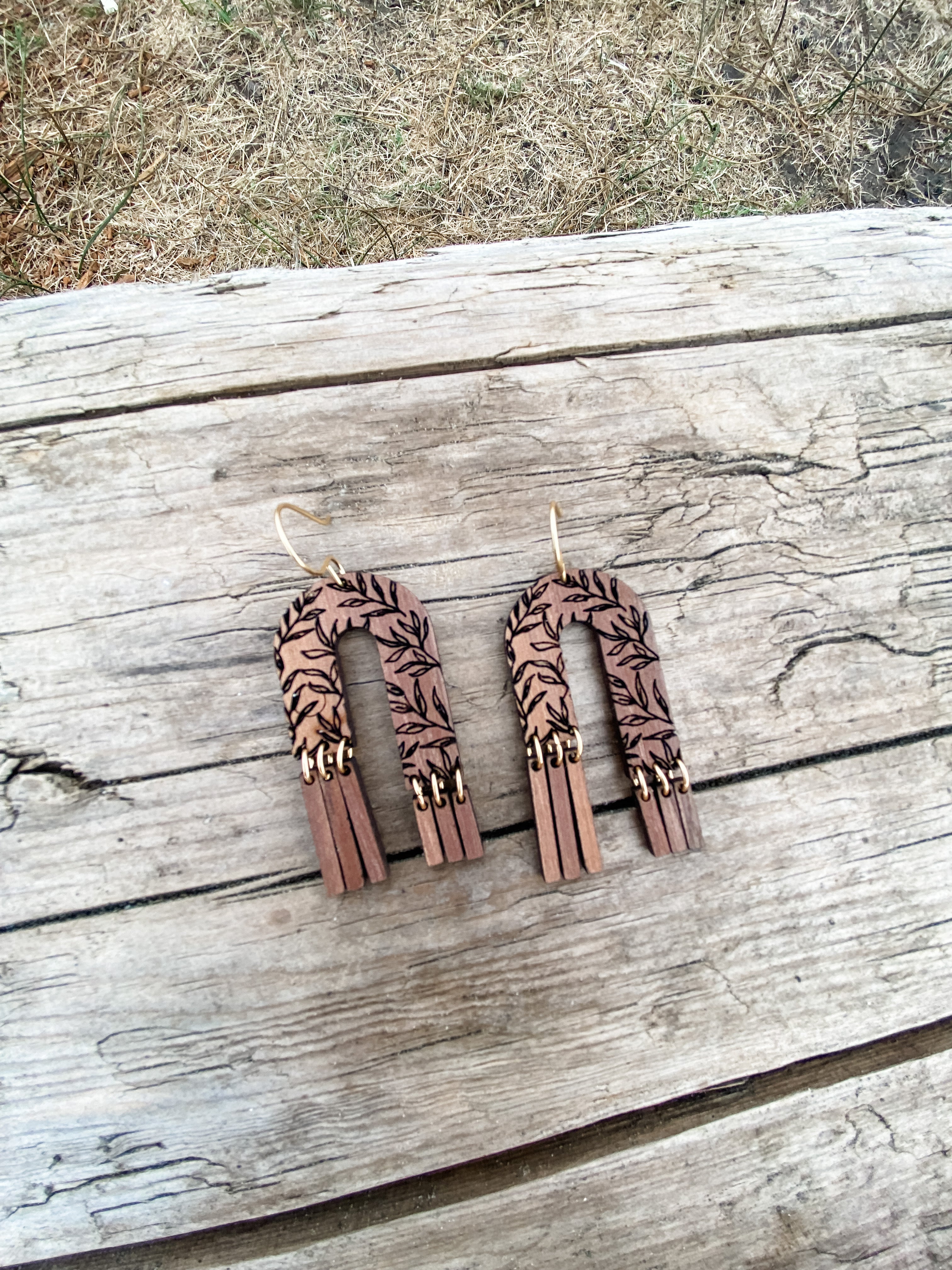 Arches and Fringe Floral earrings in Walnut wood with brass