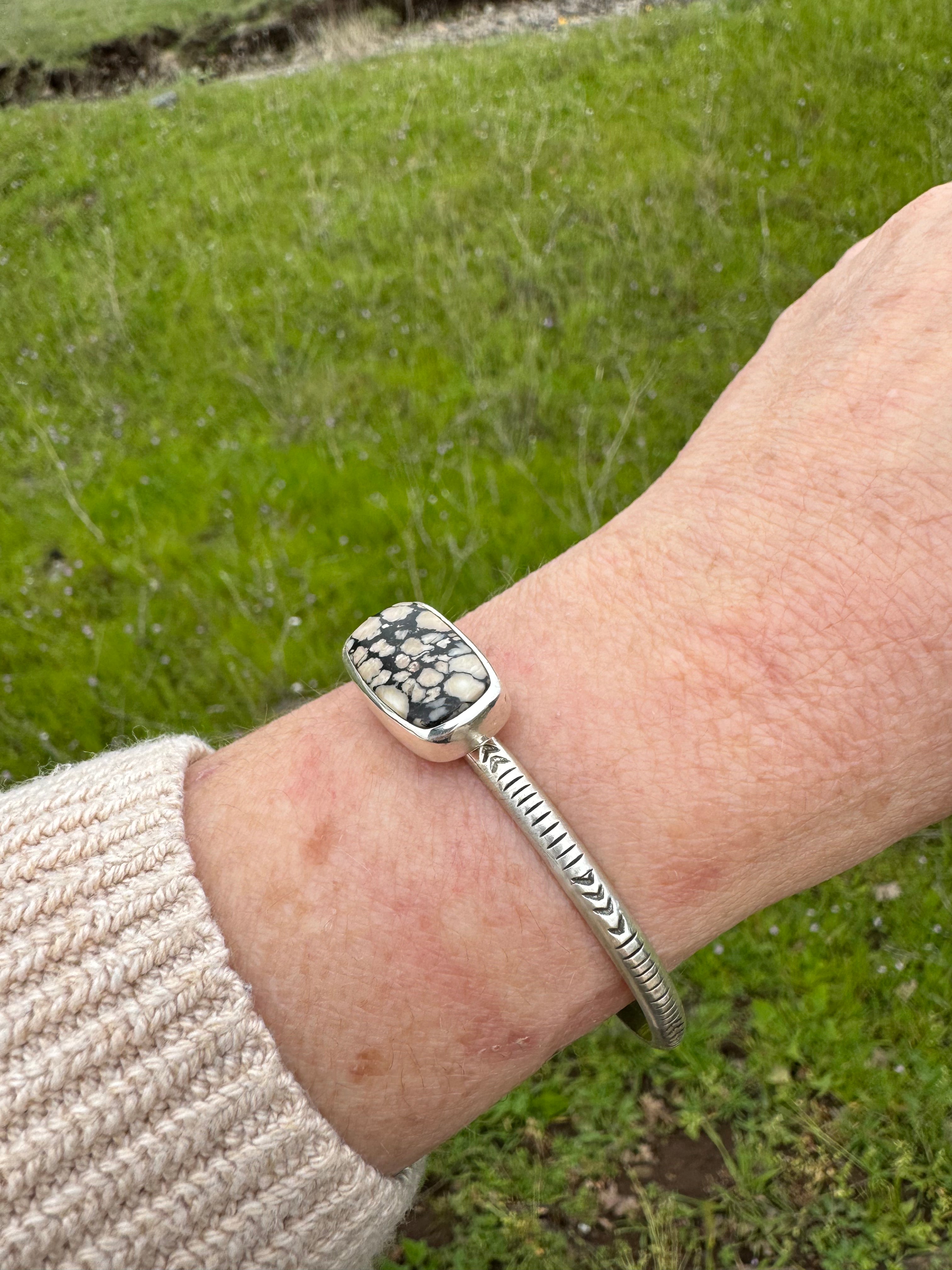 Stamped Sterling Stacker cuff with Dolamite stone