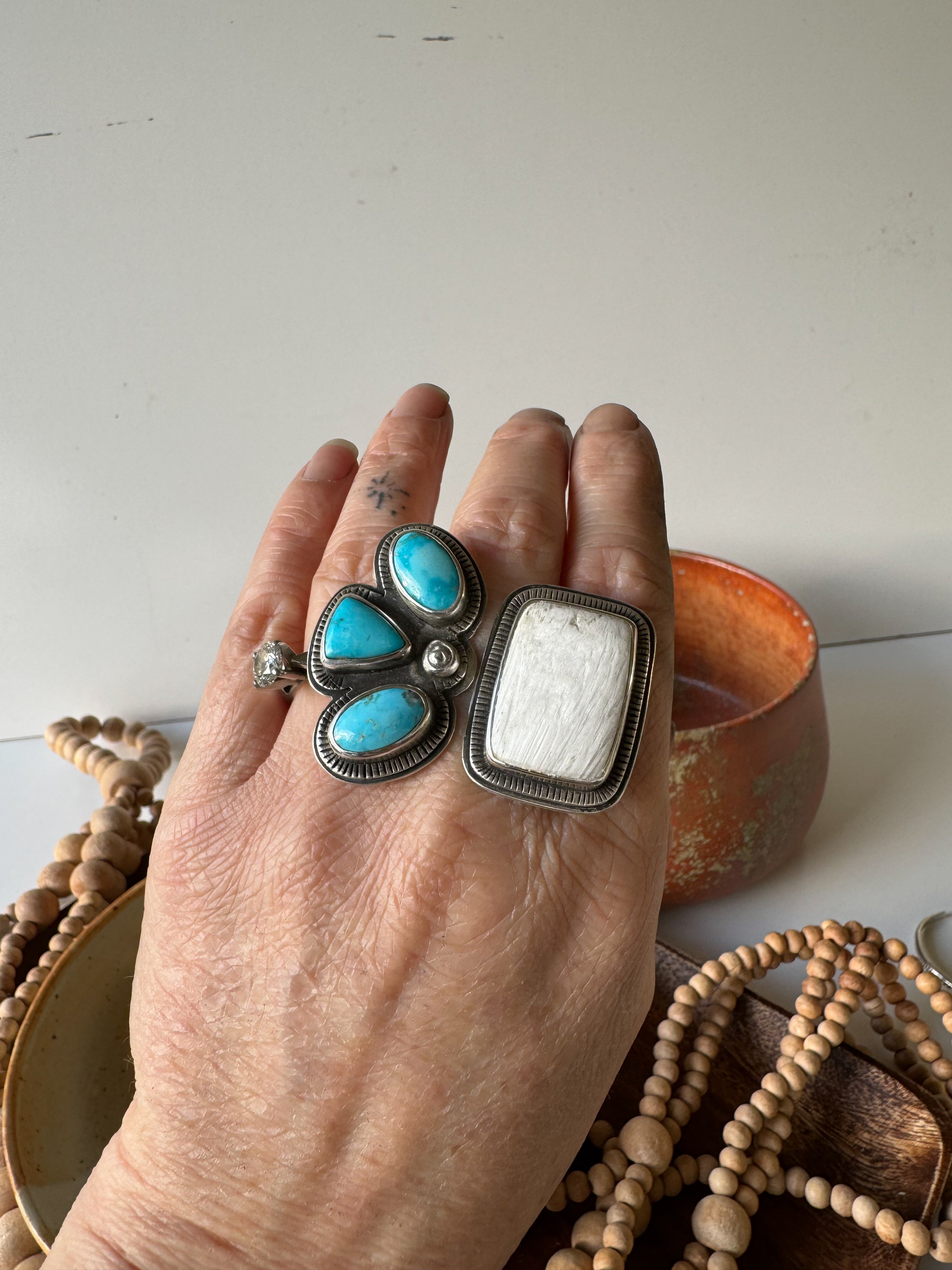 Double Time, Split-Shank Ring with Sonoran Turquoise stones and Scolecite