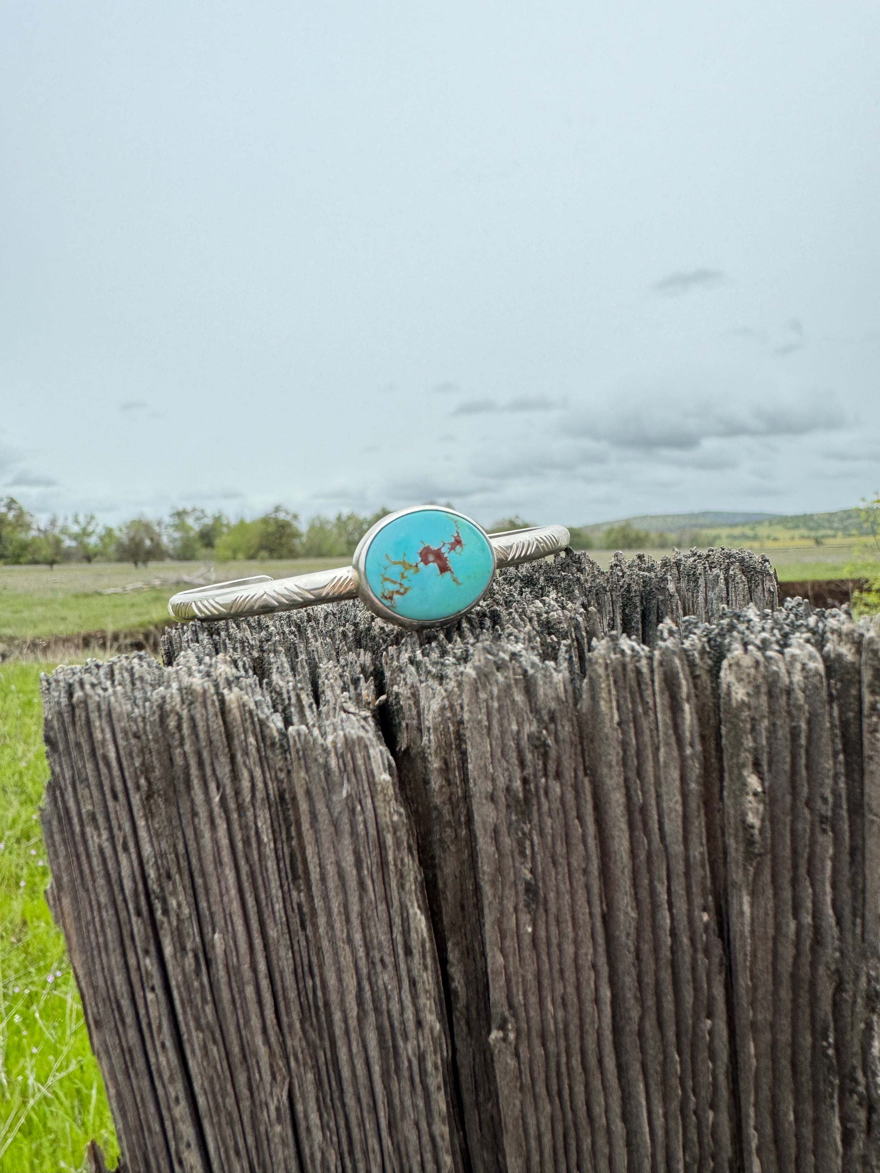 Stamped Sterling Stacker cuff with Golden Hills turquoise