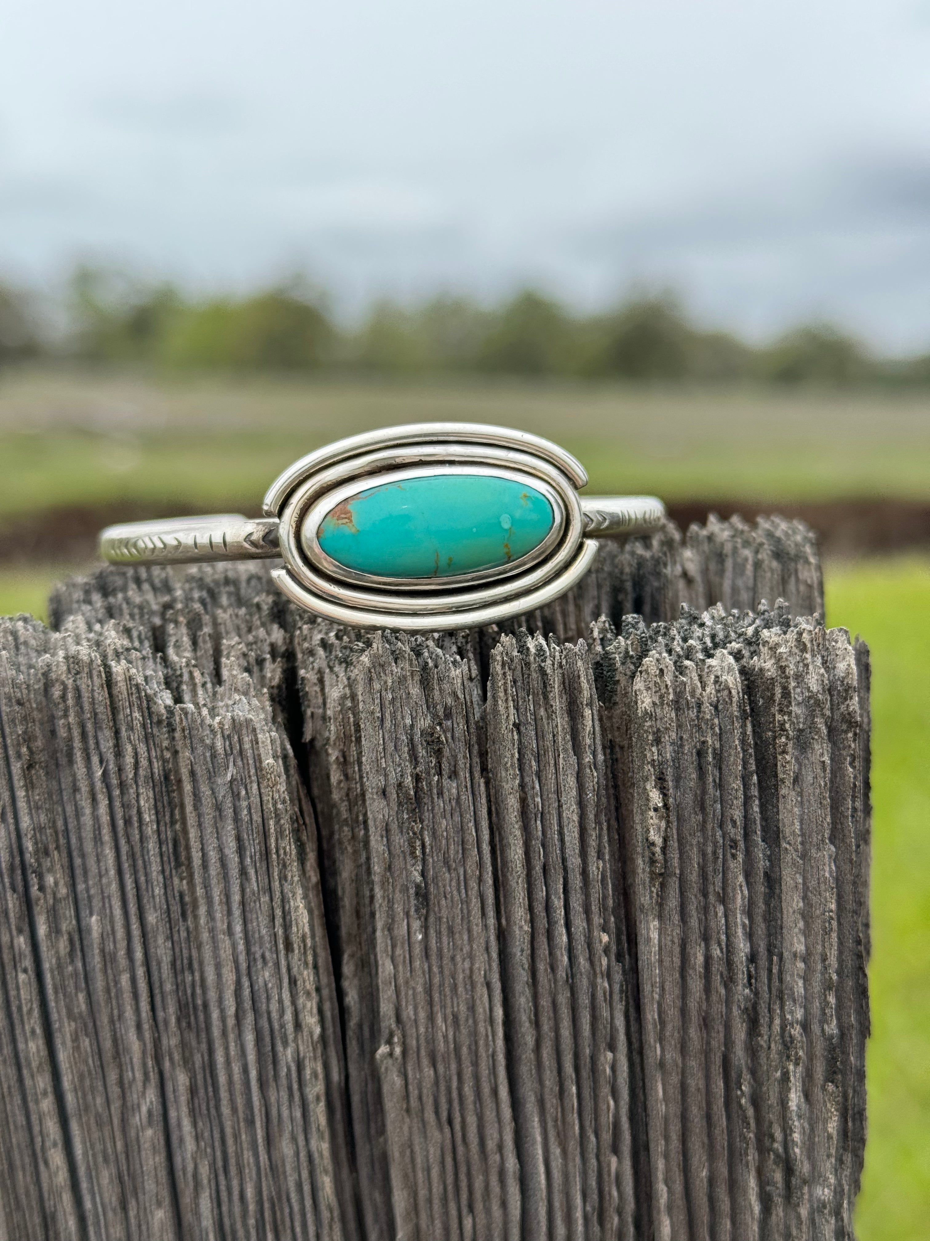 Neo Deco Stamped Sterling Stacker cuff with Timberline turquoise stone