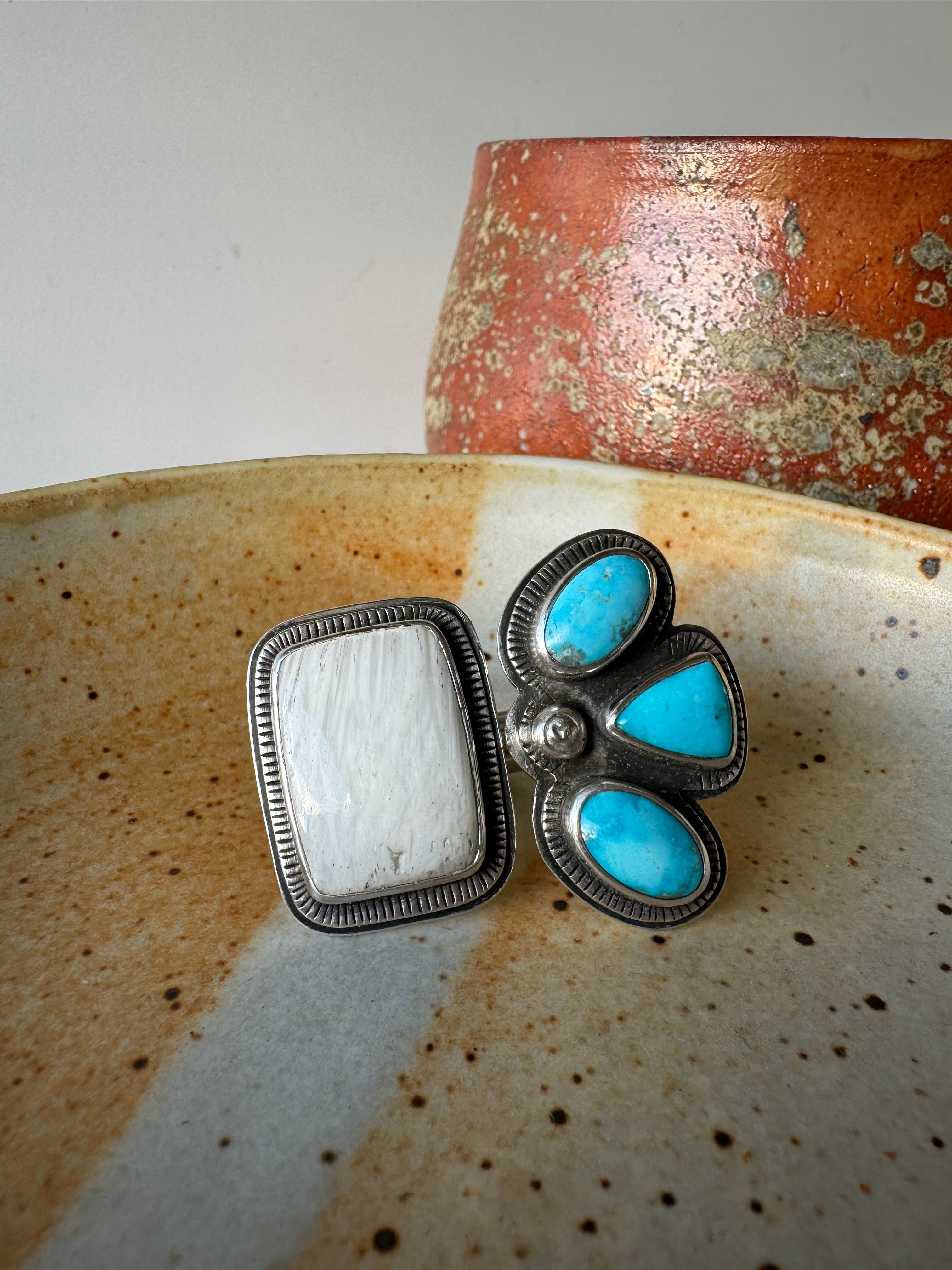 Double Time, Split-Shank Ring with Sonoran Turquoise stones and Scolecite