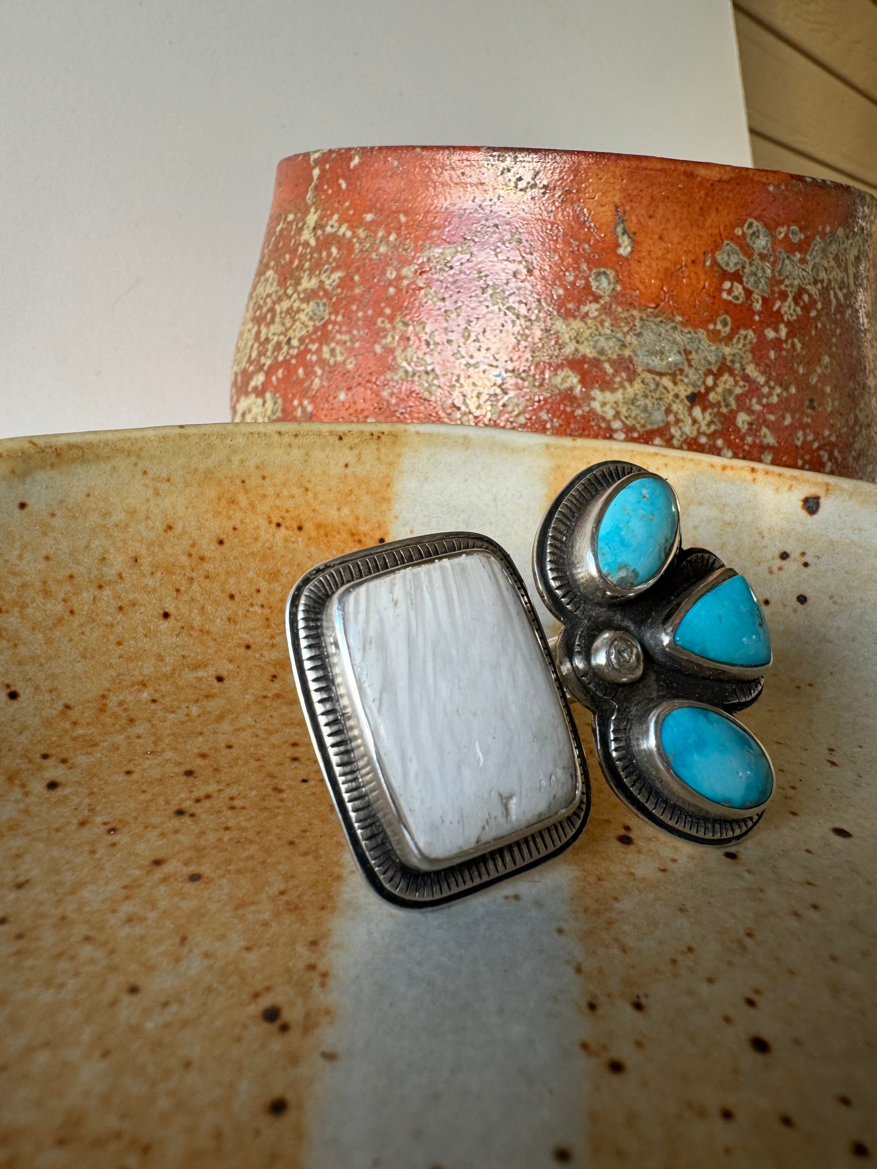 Double Time, Split-Shank Ring with Sonoran Turquoise stones and Scolecite