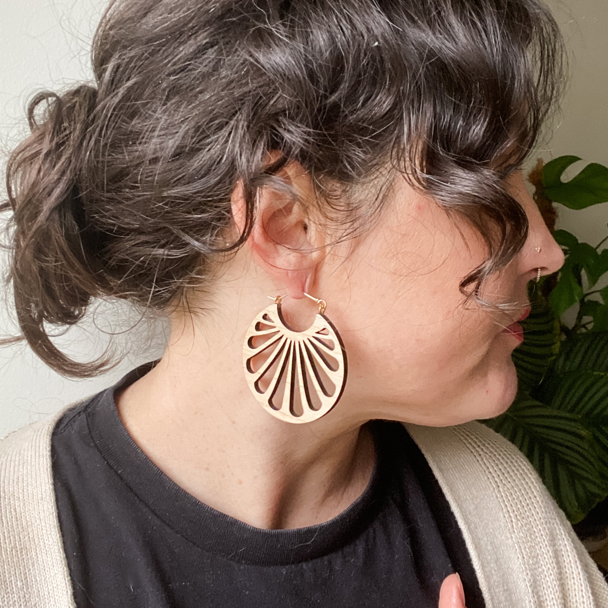 Erté hoop earrings in Walnut or Maple hardwood with gold-fill ear wires / size small or medium / lightweight earrings