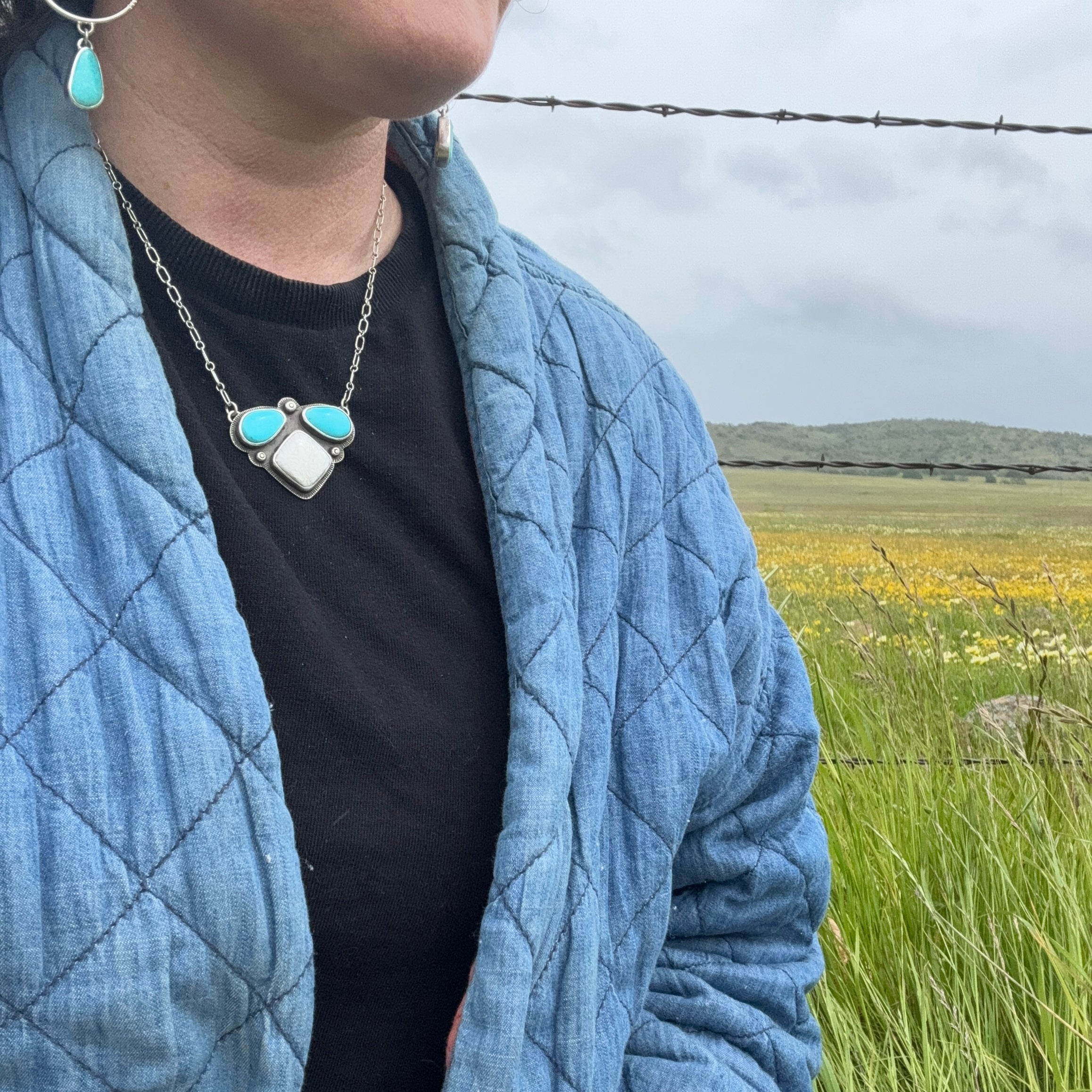 Triple Stone Necklace with Scolecite and Kingman turquoise stones