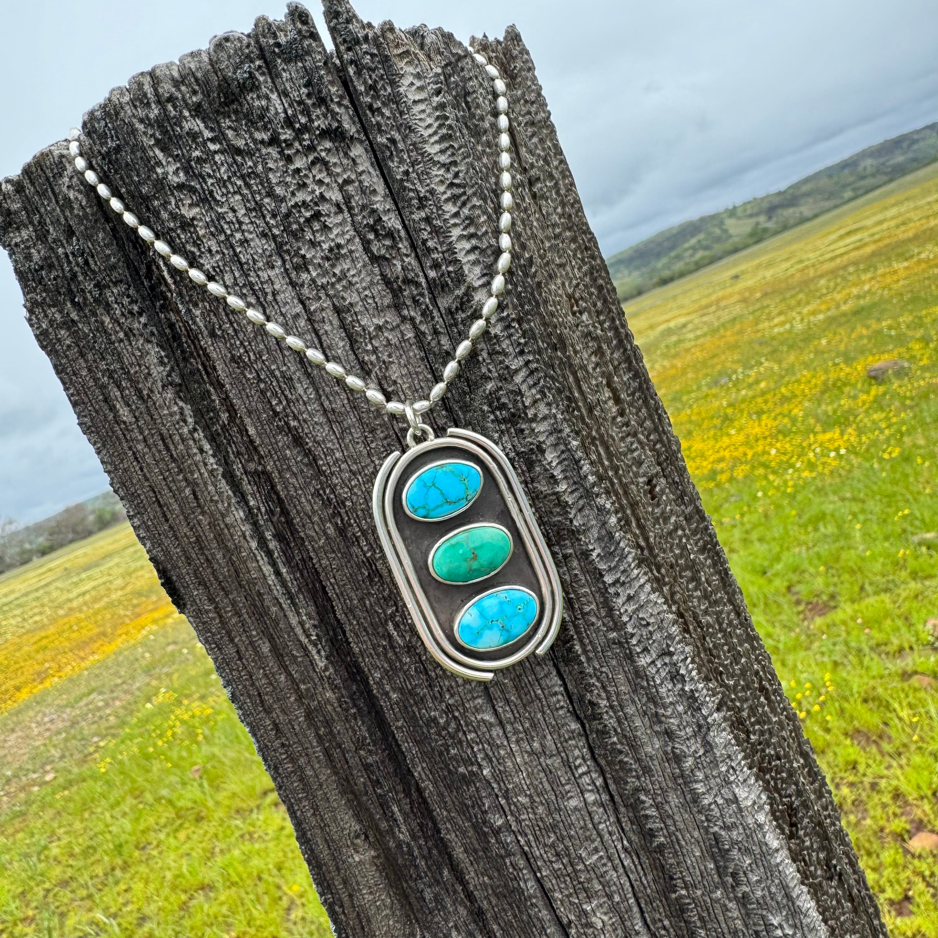 Stone Collector Shadow Box Necklace #2 with Kingman and Emerald Valley turquoise stones