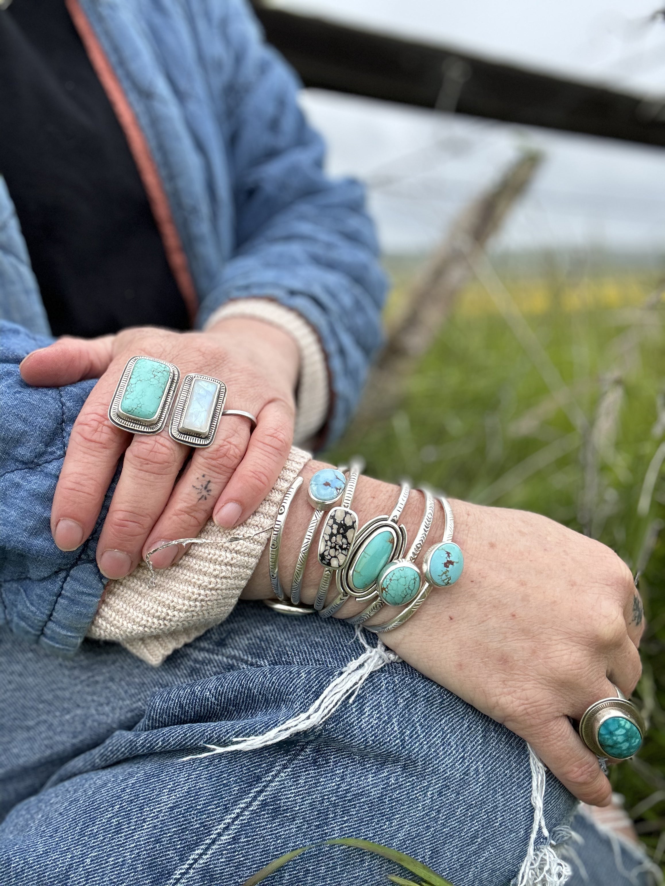 Stamped Sterling Stacker cuff with Golden Hills turquoise