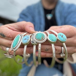 Neo Deco Stamped Sterling Stacker cuff with Timberline turquoise stone