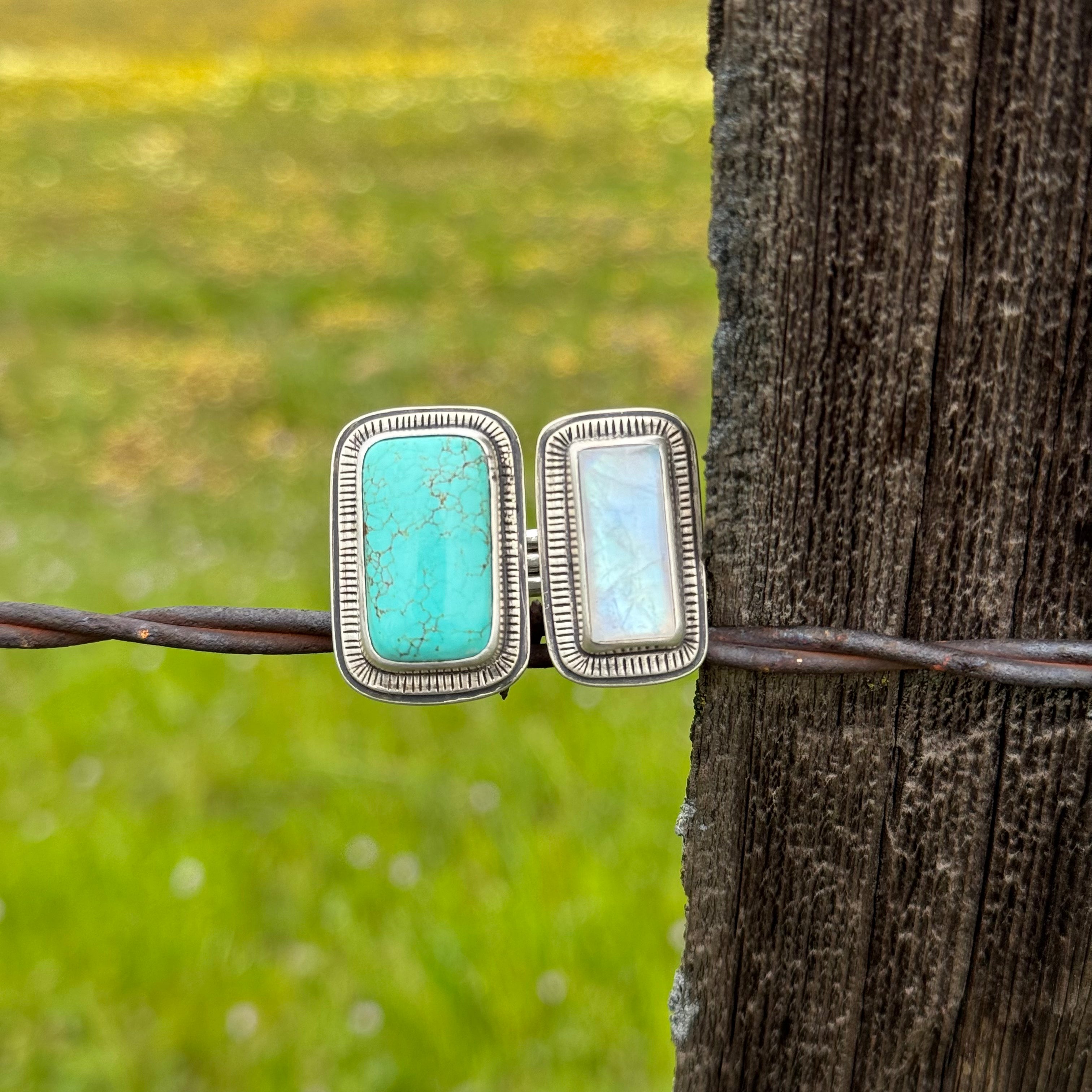 Double Time, Split-Shank Ring with Timberline Turquoise and flashy, Rainbow Moonstone