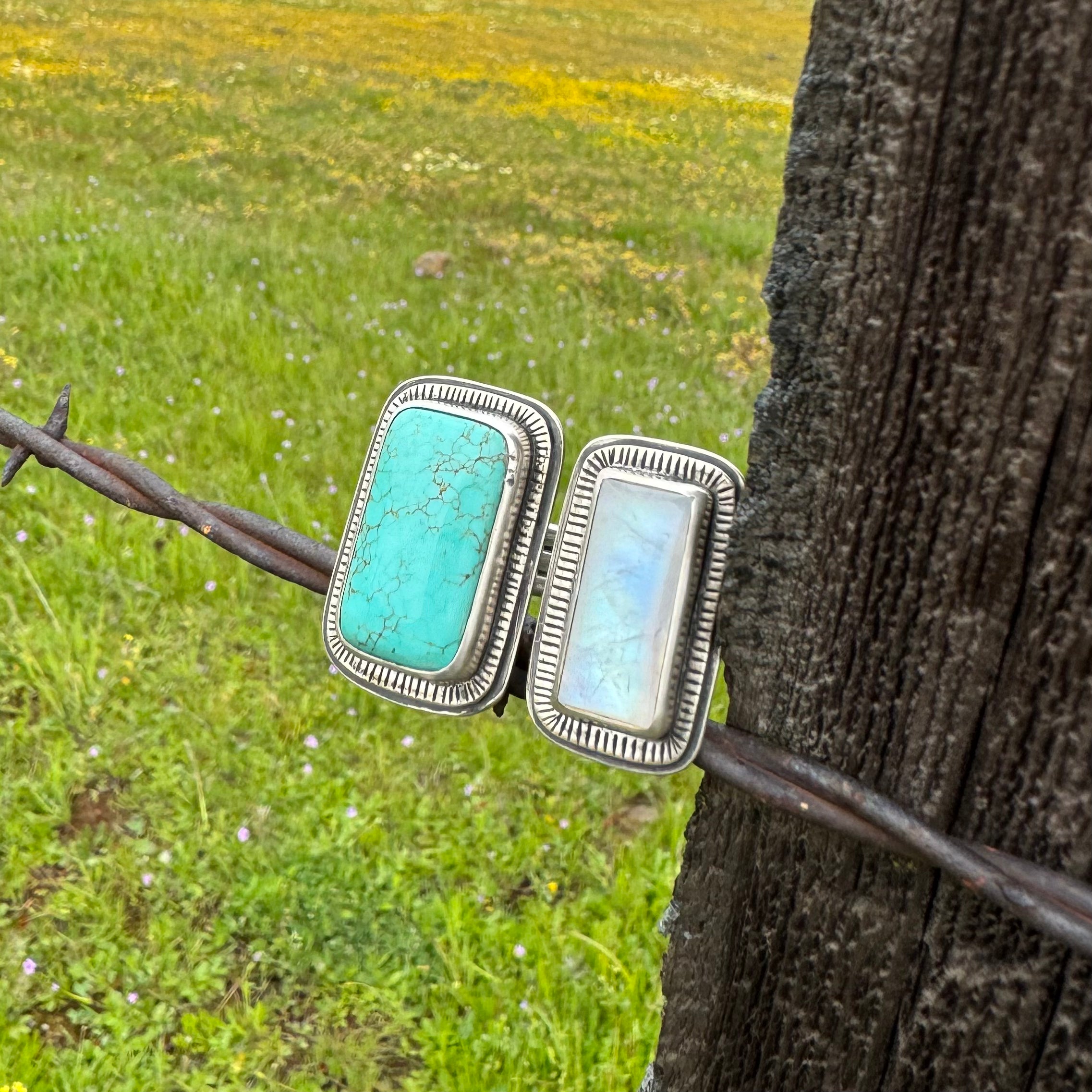 Double Time, Split-Shank Ring with Timberline Turquoise and flashy, Rainbow Moonstone