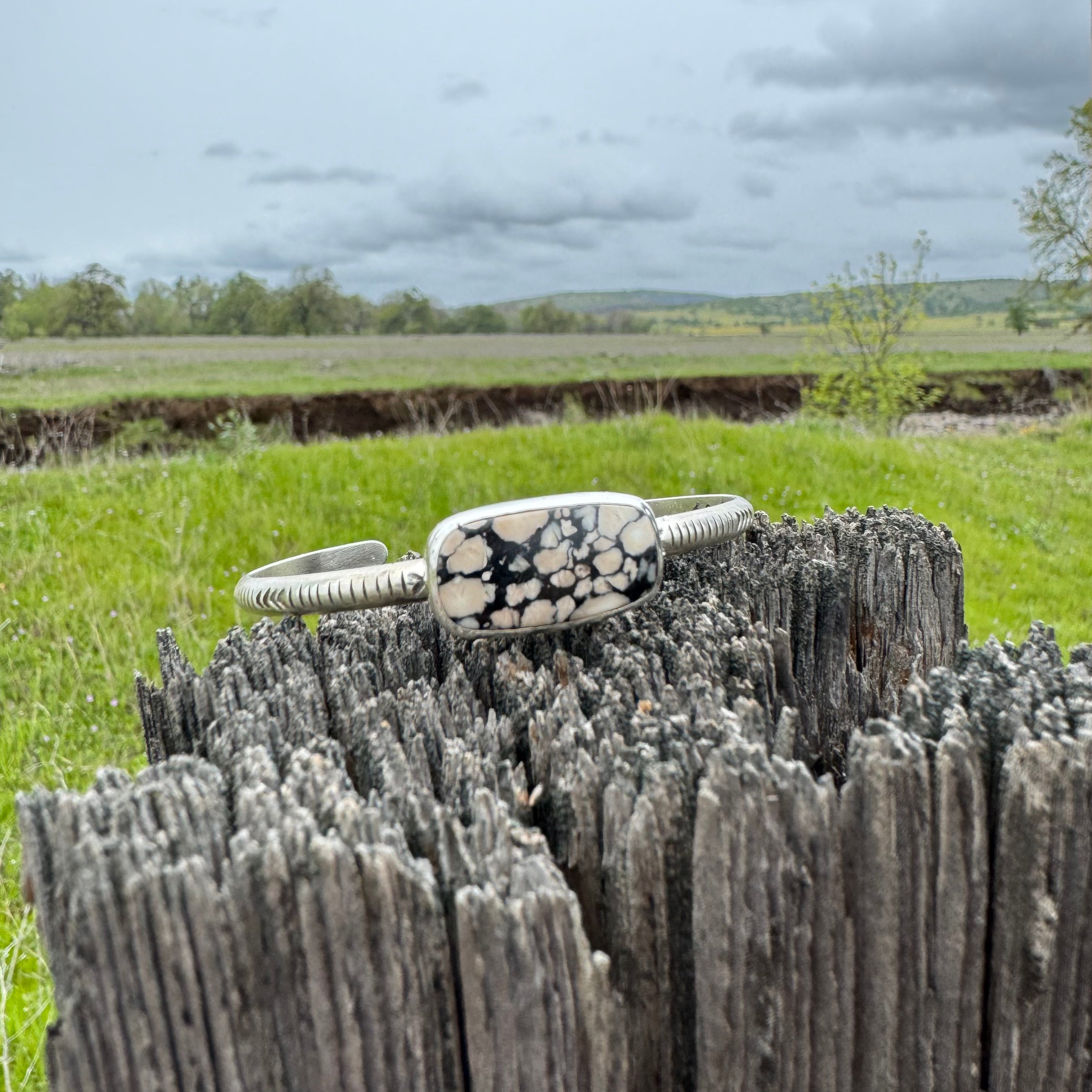 Stamped Sterling Stacker cuff with Dolamite stone