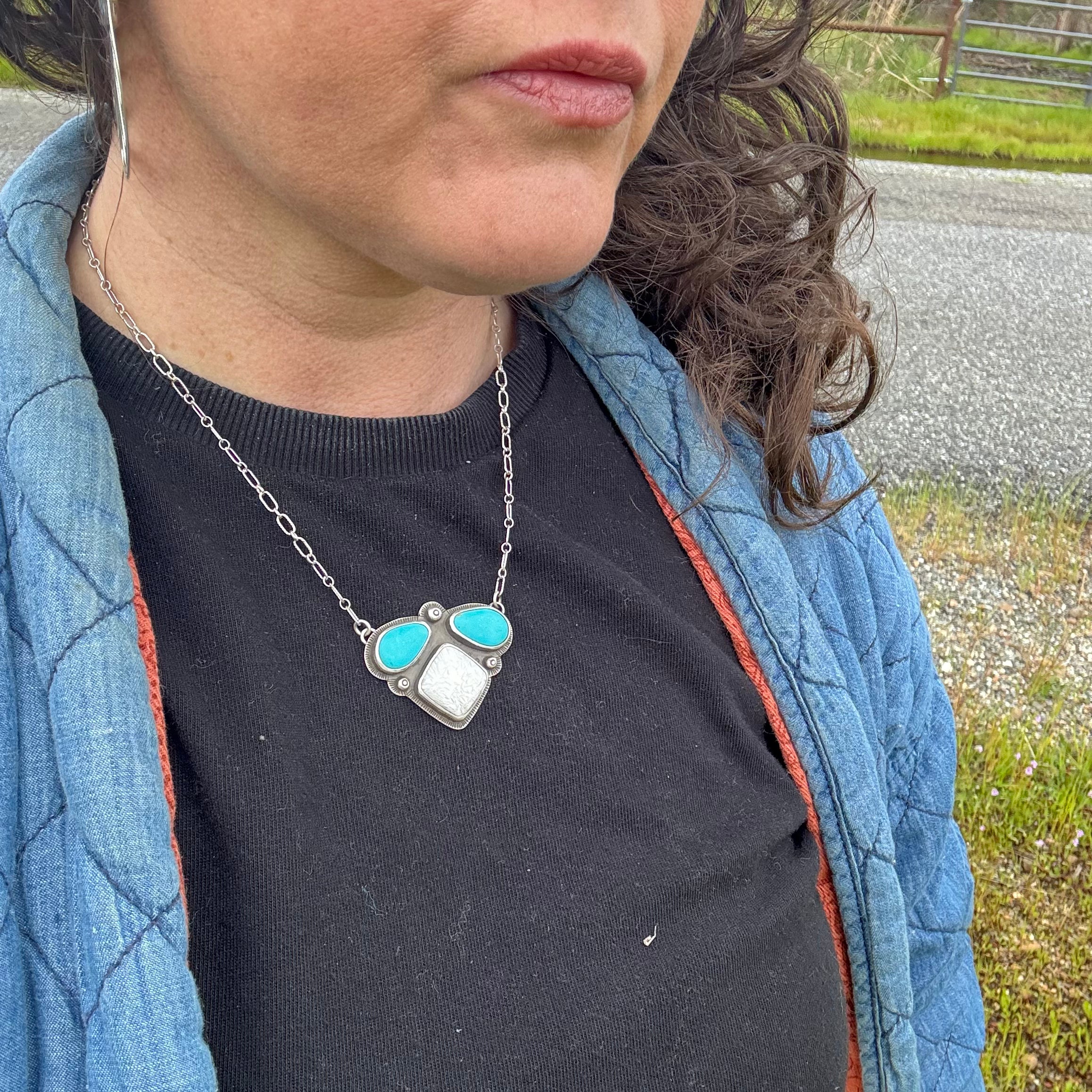 Triple Stone Necklace with Scolecite and Kingman turquoise stones