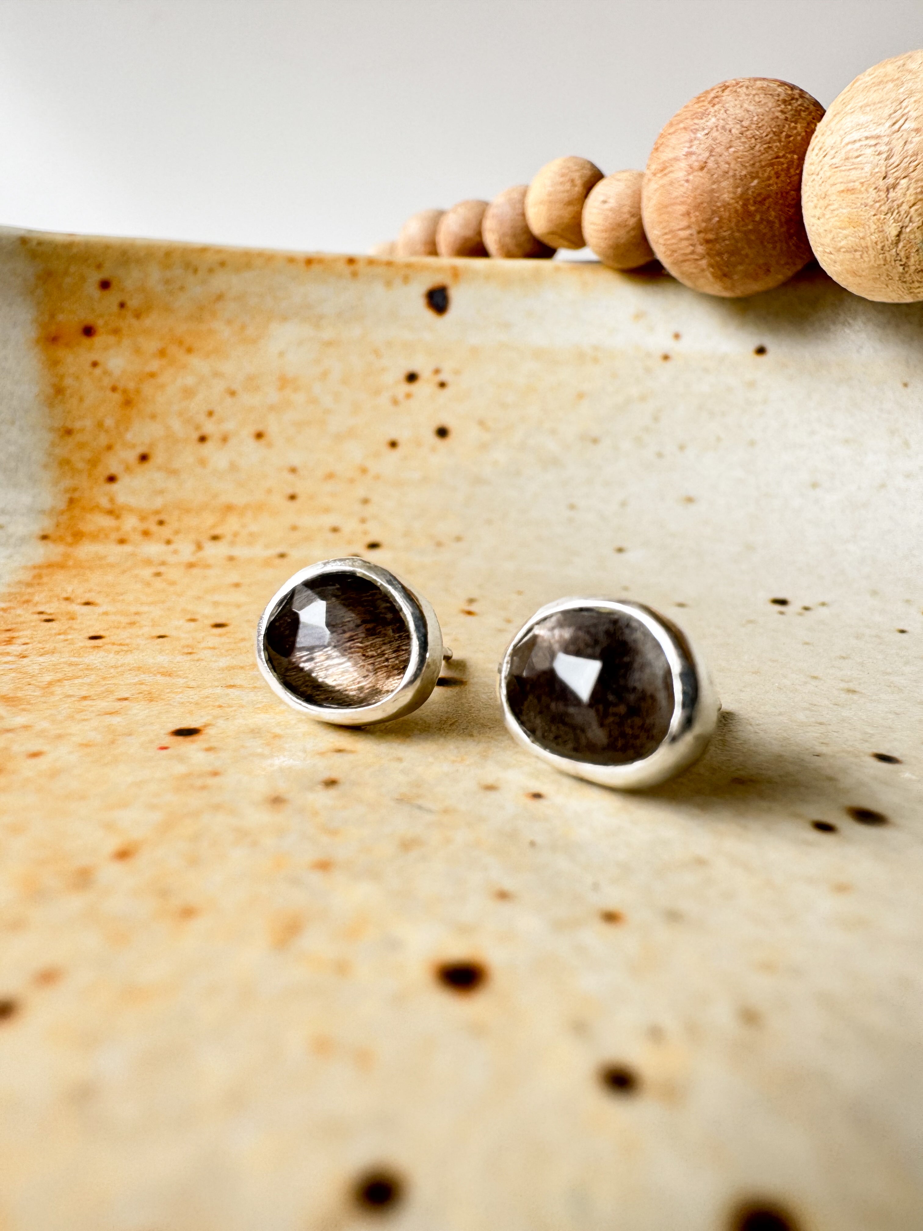 Faceted Chocolate Moonstone stud earrings set in Sterling silver