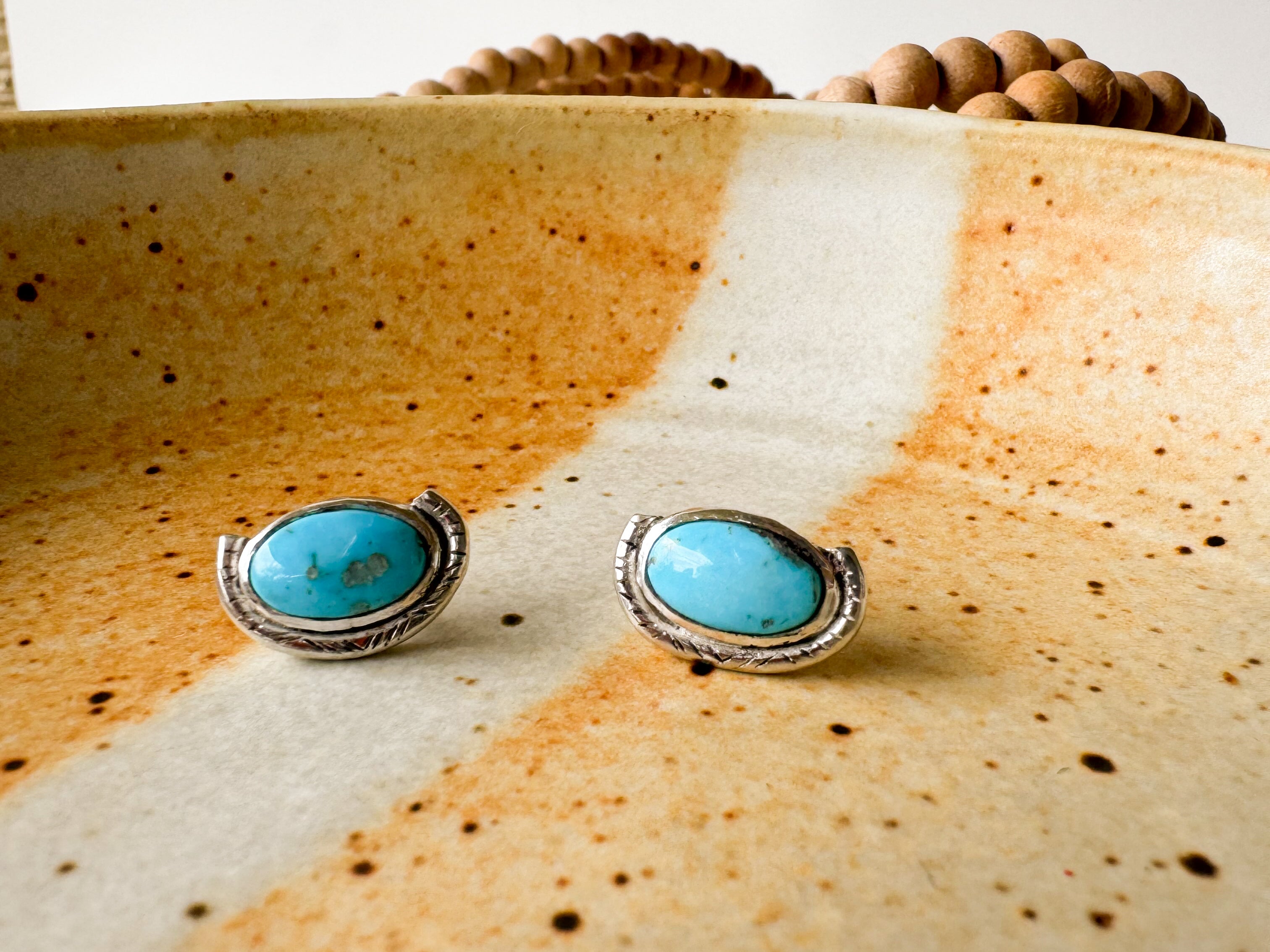 Neo Deco Turquoise Studs in Sterling Silver with bright blue Sonoran Mountain turquoise stones