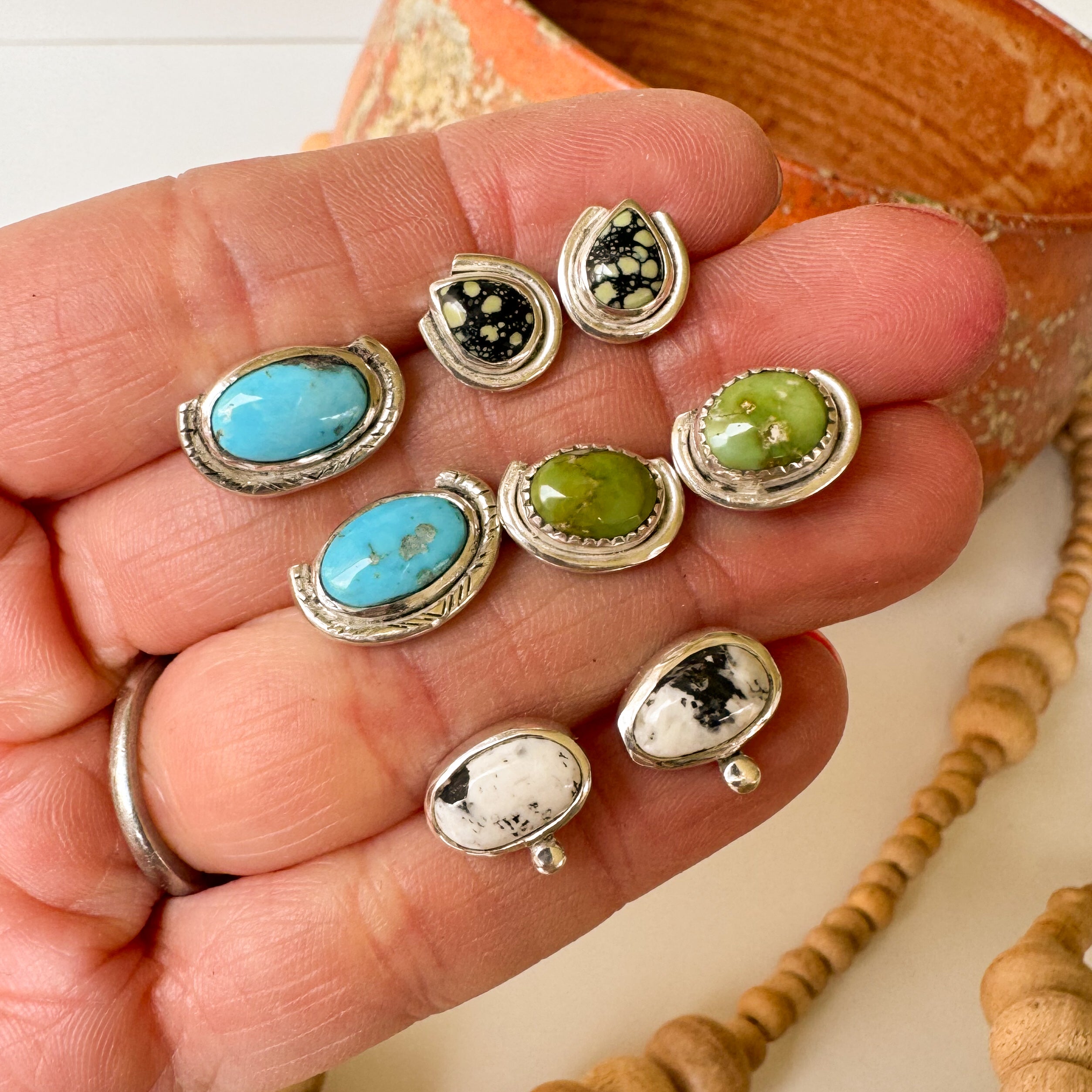 Neo Deco Turquoise Stud in Sterling Silver With bright green Sonoran Gold turquoise stones