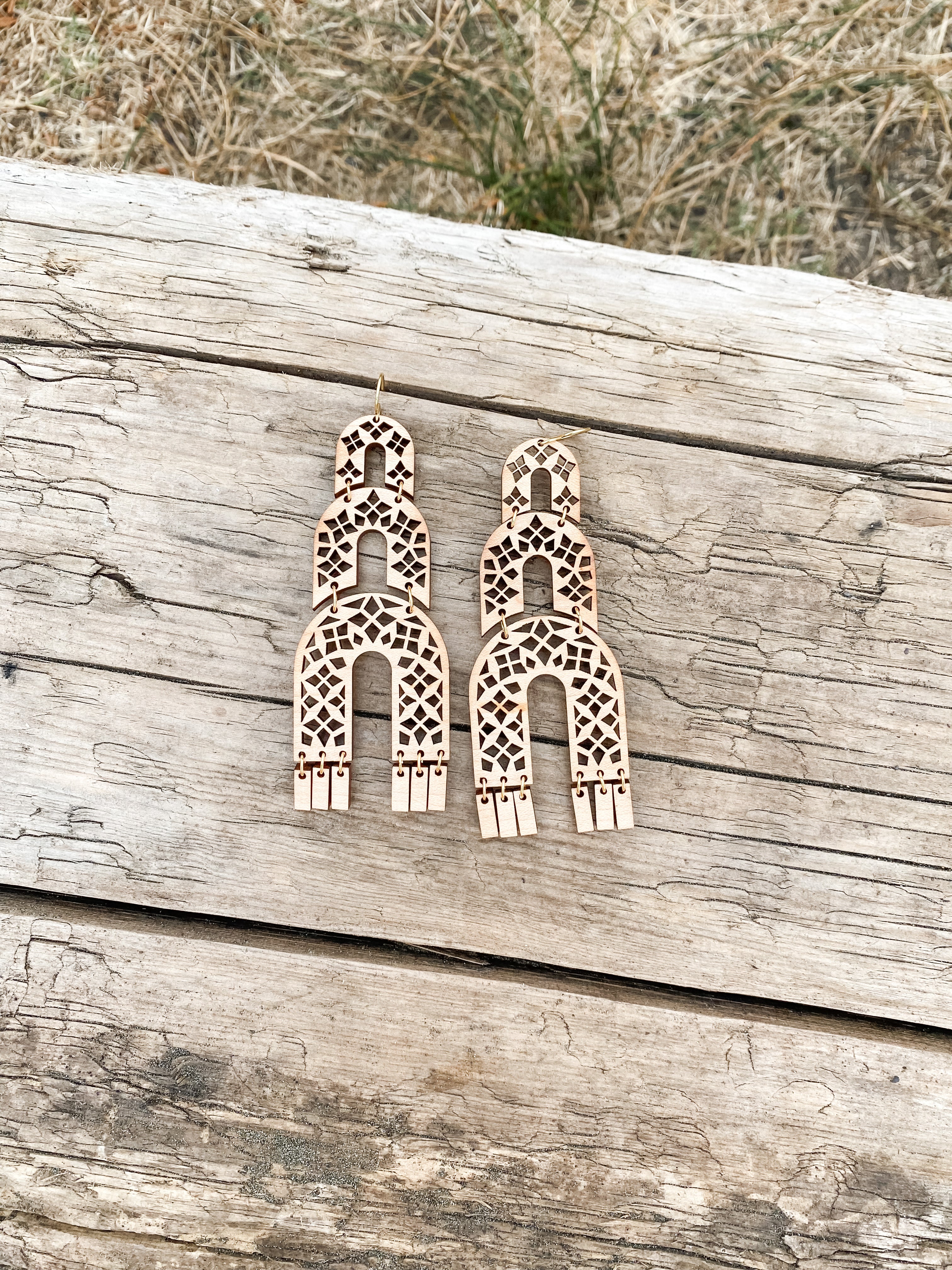 Art Deco, Triple Arch cut-out earrings in Maple or Walnut wood with brass