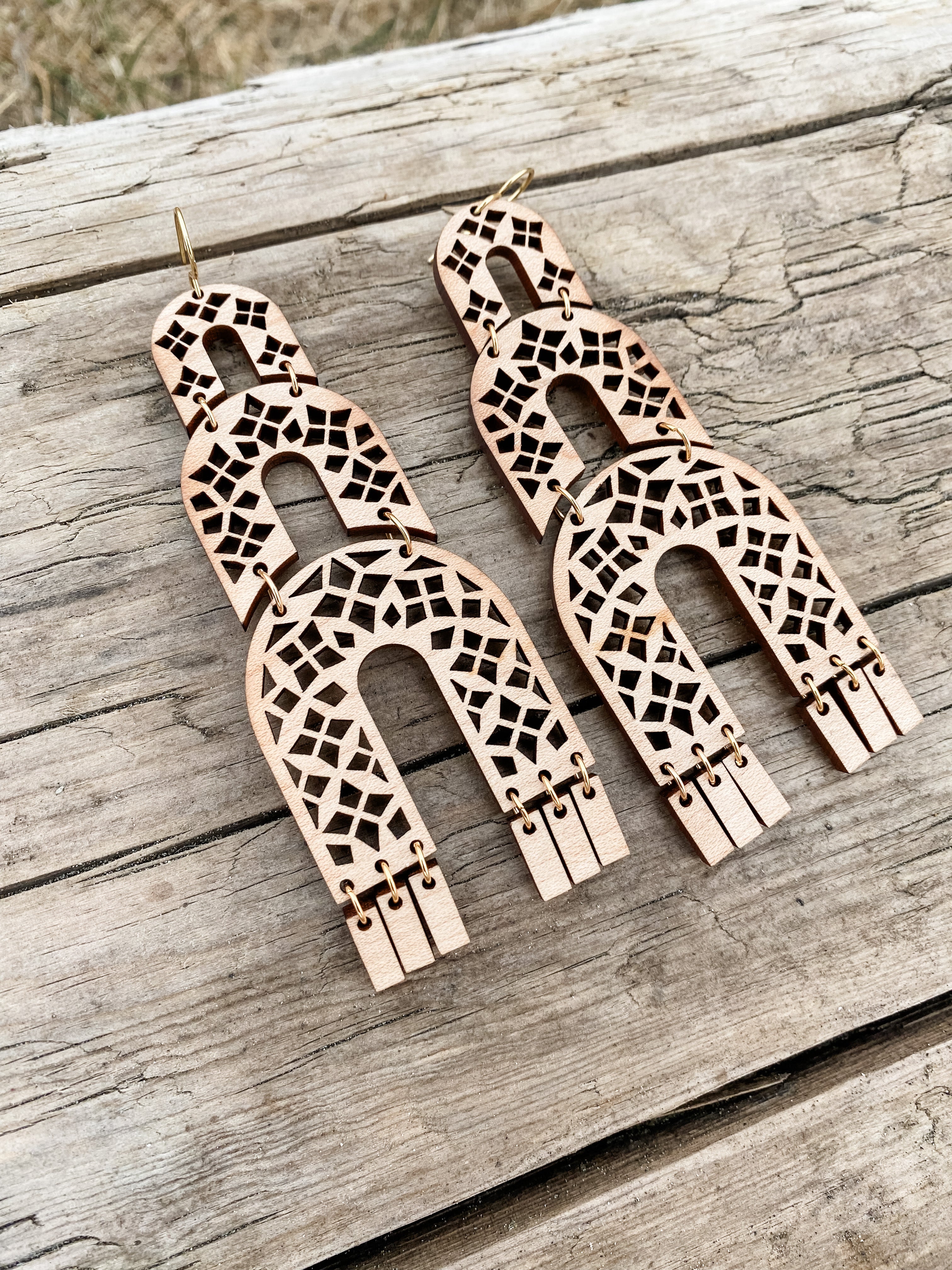 Art Deco, Triple Arch cut-out earrings in Maple or Walnut wood with brass