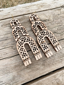 Art Deco, Triple Arch cut-out earrings in Maple or Walnut wood with brass