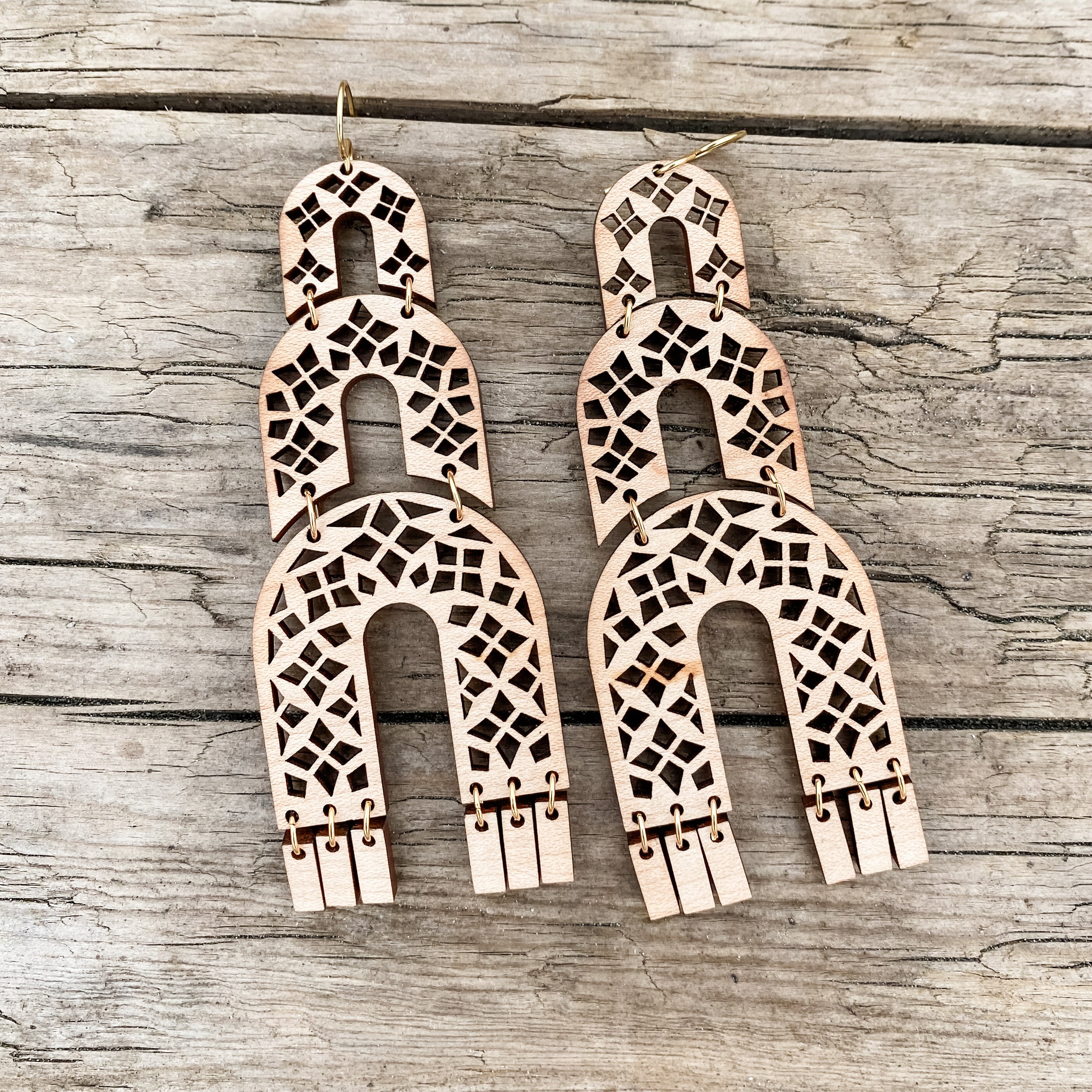 Art Deco, Triple Arch cut-out earrings in Maple or Walnut wood with brass