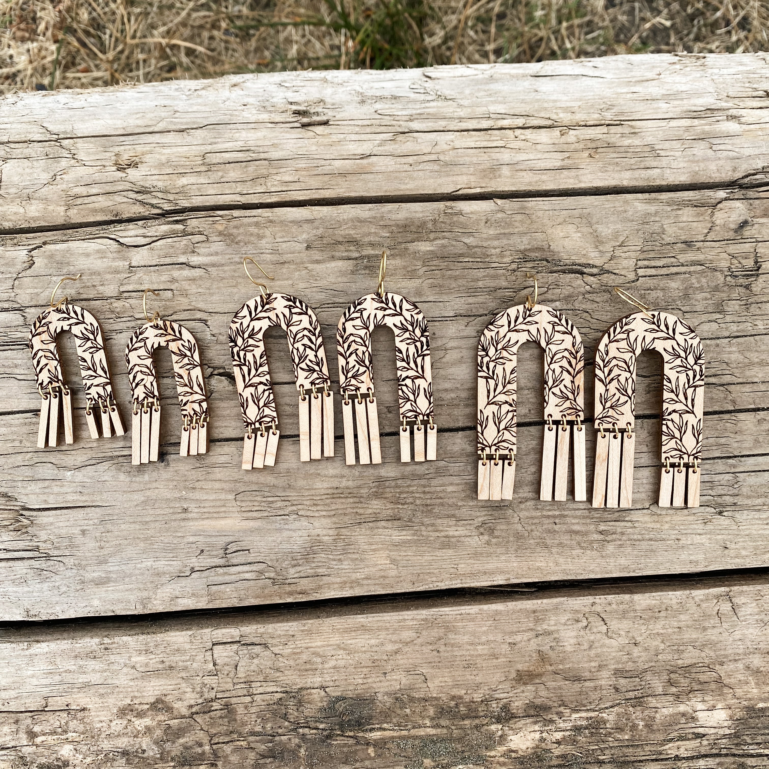 Arches and Fringe Floral earrings in Maple wood with brass