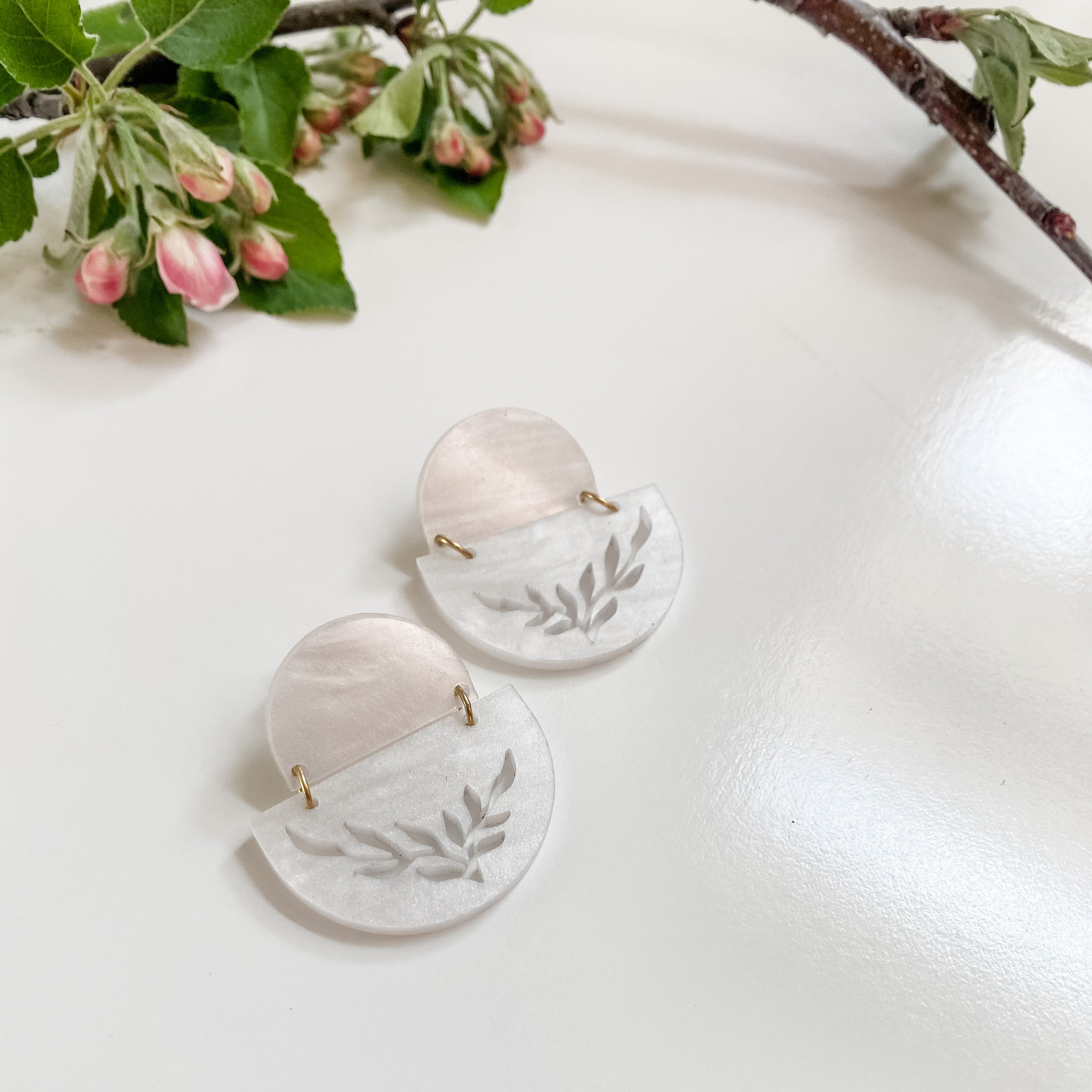 Buds and Branches Floral Sunset earrings in Pearl sheen acrylic with hypoallergenic posts and backs