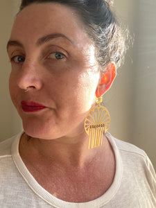 Big, bold brass Erte Fan Fringe earrings with gold-plated Stainless, huggie hoop closures