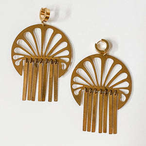 Big, bold brass Erte Fan Fringe earrings with gold-plated Stainless, huggie hoop closures