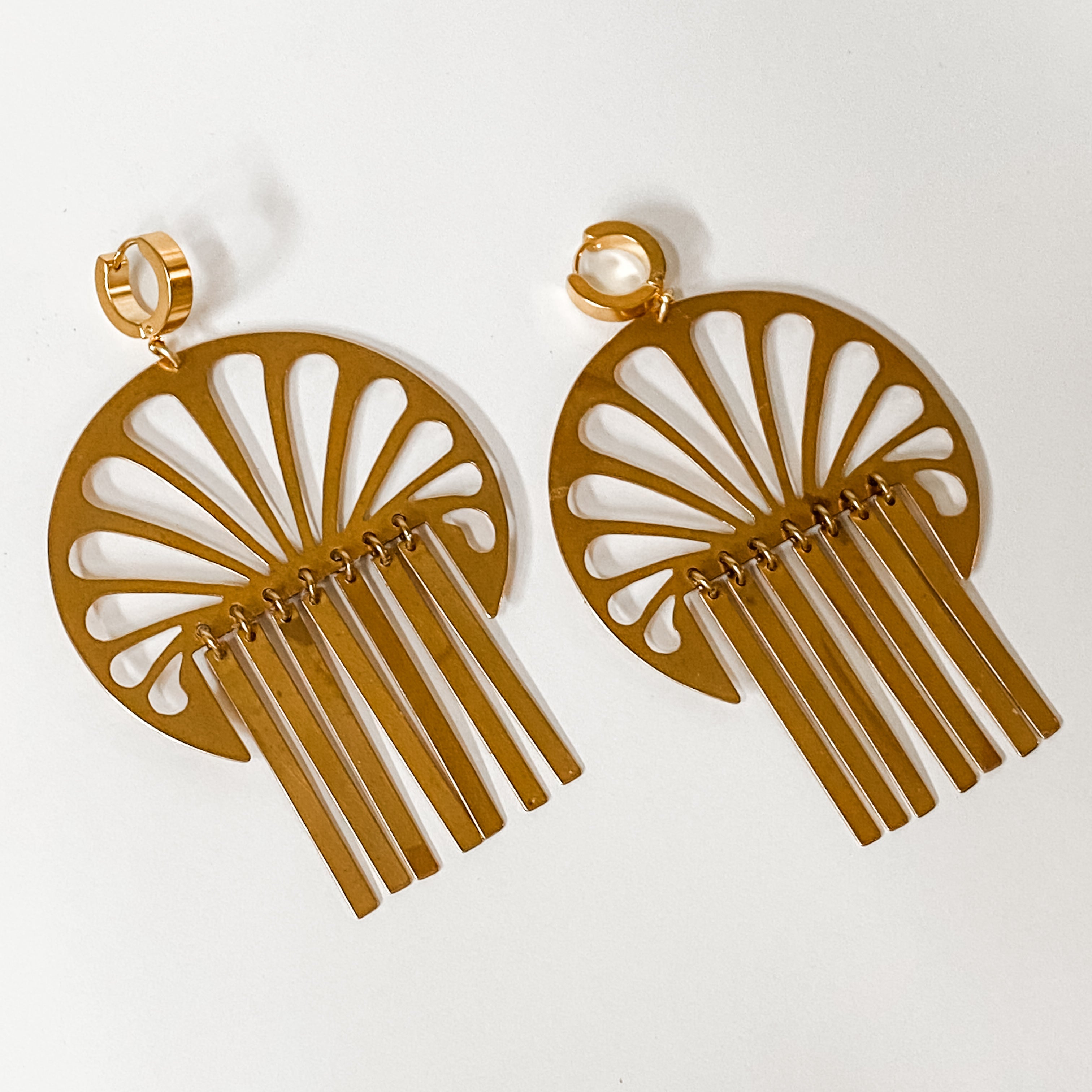 Big, bold brass Erte Fan Fringe earrings with gold-plated Stainless, huggie hoop closures