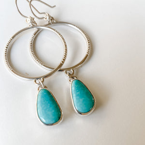 Stamped Drop-Hoop earrings in Sterling Silver with Kingman Turquoise stones