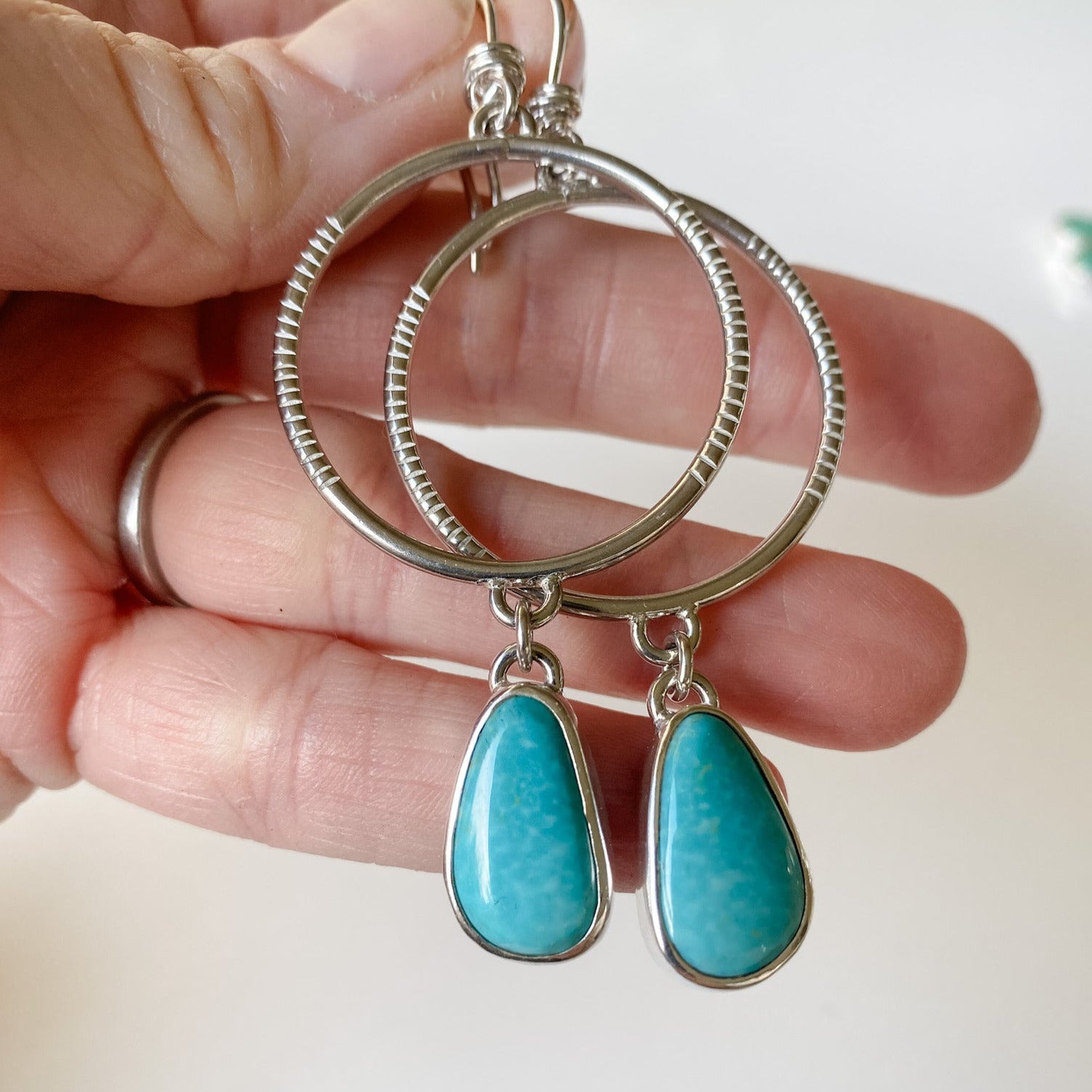 Stamped Drop-Hoop earrings in Sterling Silver with Kingman Turquoise stones