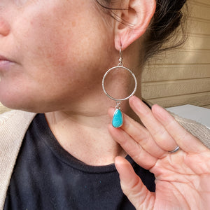 Stamped Drop-Hoop earrings in Sterling Silver with Kingman Turquoise stones