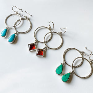 Stamped Drop-Hoop earrings in Sterling Silver with Kingman Turquoise stones