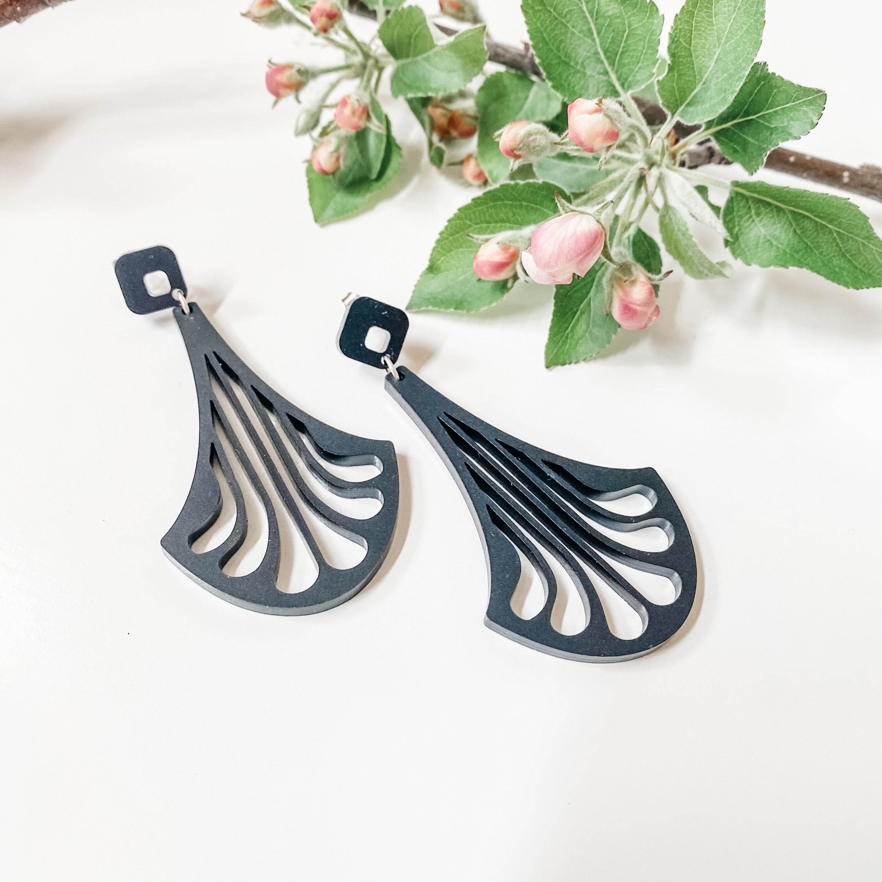 Erté Neo-Deco drop earrings in matte black acrylic