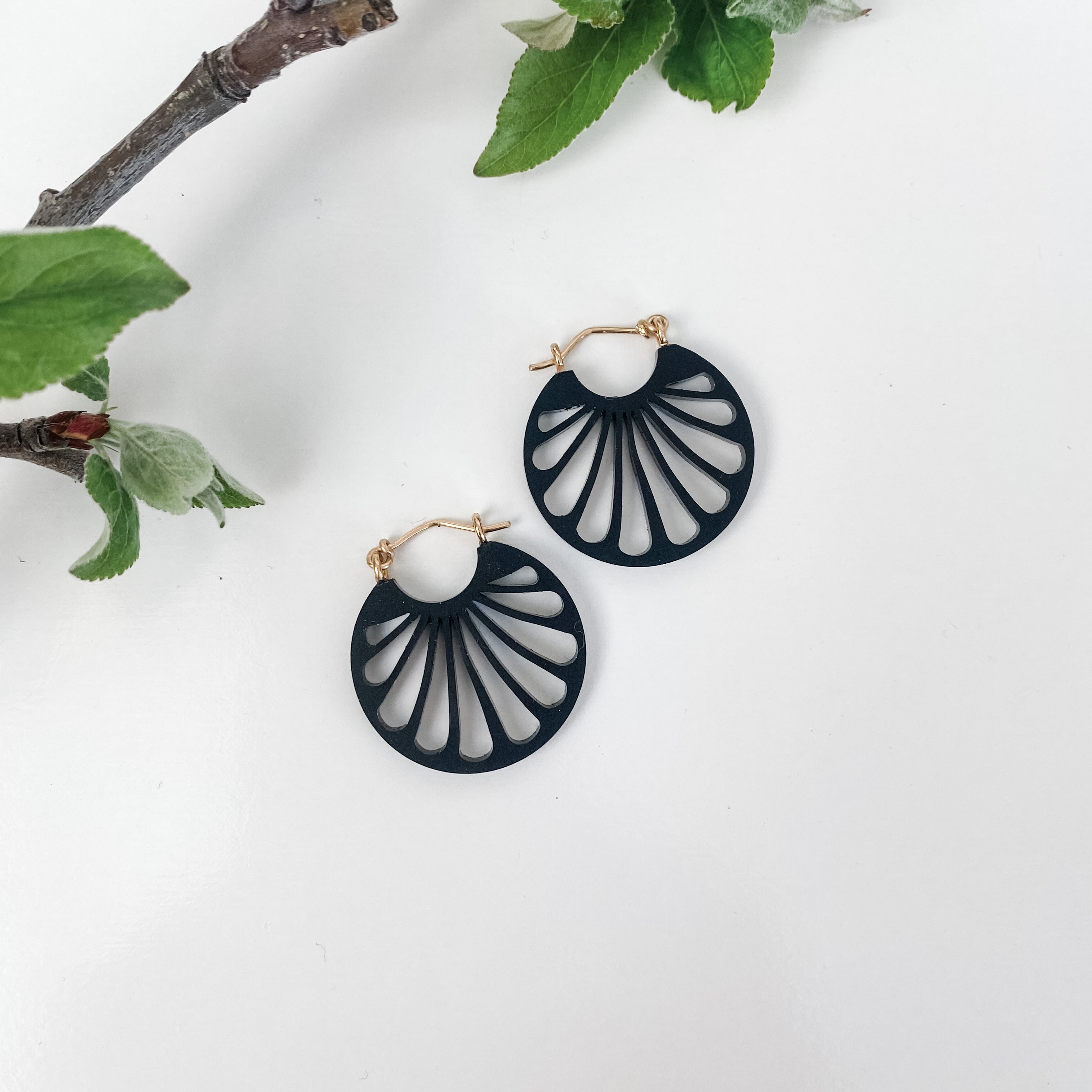 Erté hoop earrings in matte black acrylic with gold-fill ear wires / size small or medium / lightweight earrings