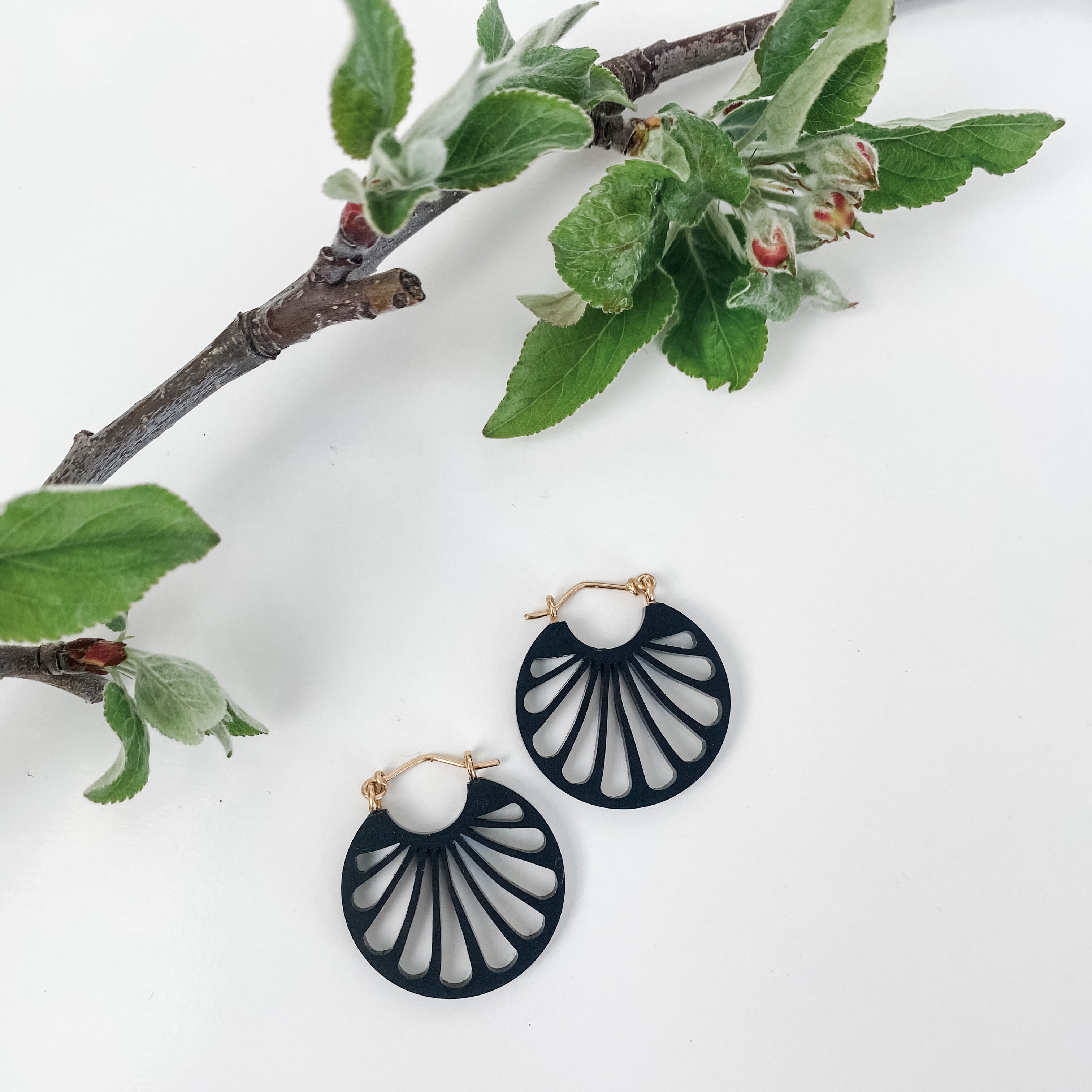 Erté hoop earrings in matte black acrylic with gold-fill ear wires / size small or medium / lightweight earrings