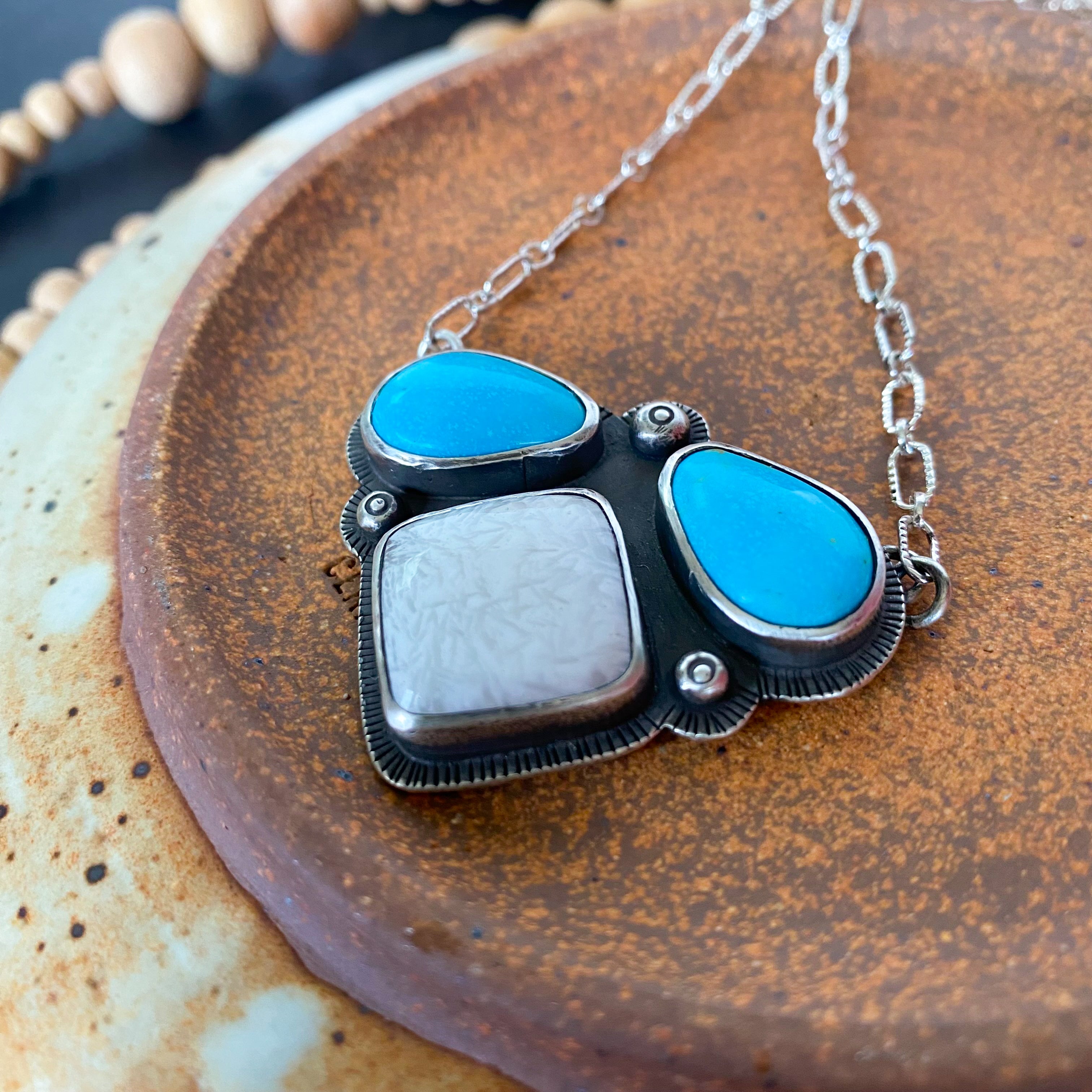 Triple Stone Necklace with Scolecite and Kingman turquoise stones