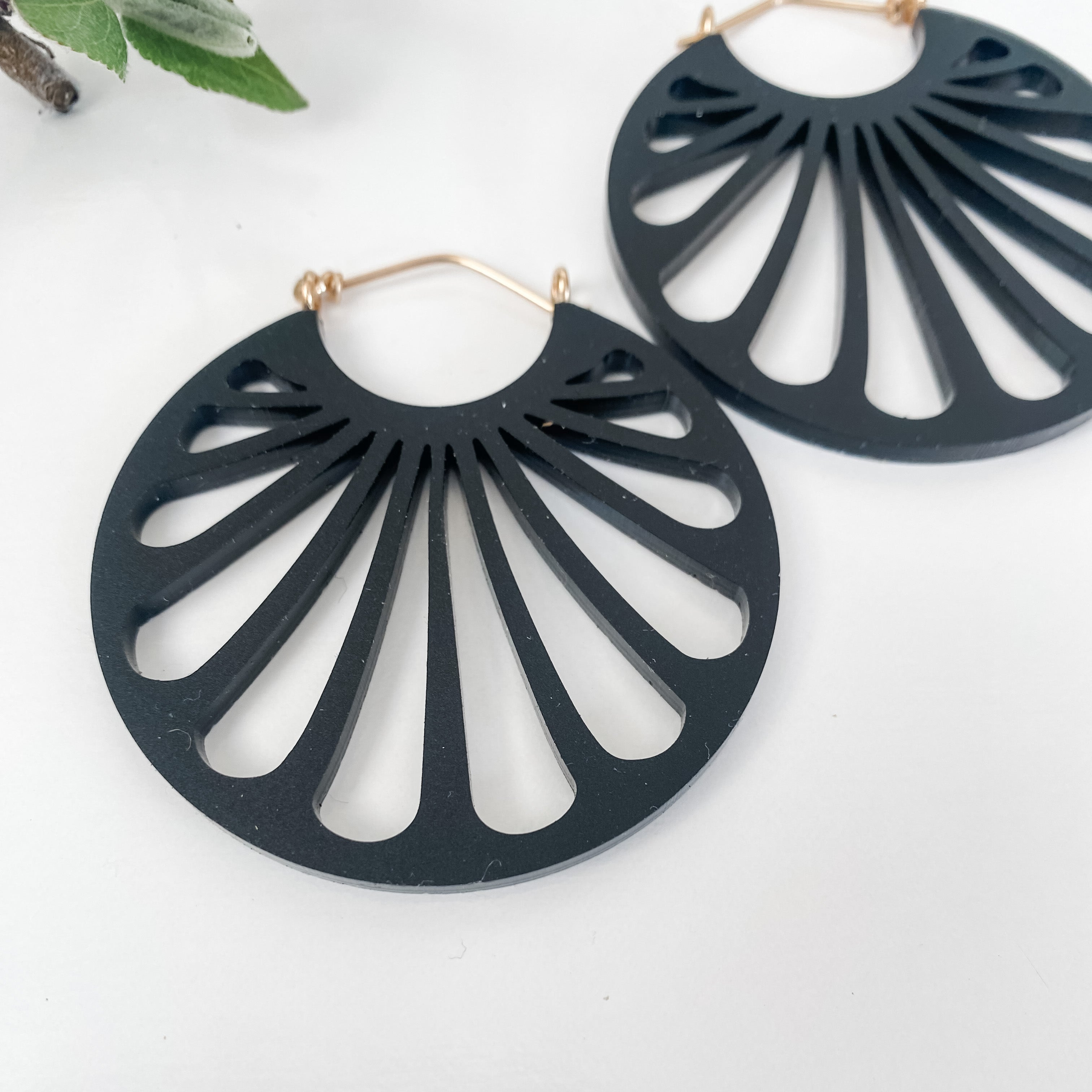 Erté hoop earrings in matte black acrylic with gold-fill ear wires / size small or medium / lightweight earrings