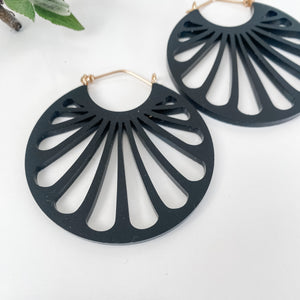 Erté hoop earrings in matte black acrylic with gold-fill ear wires / size small or medium / lightweight earrings