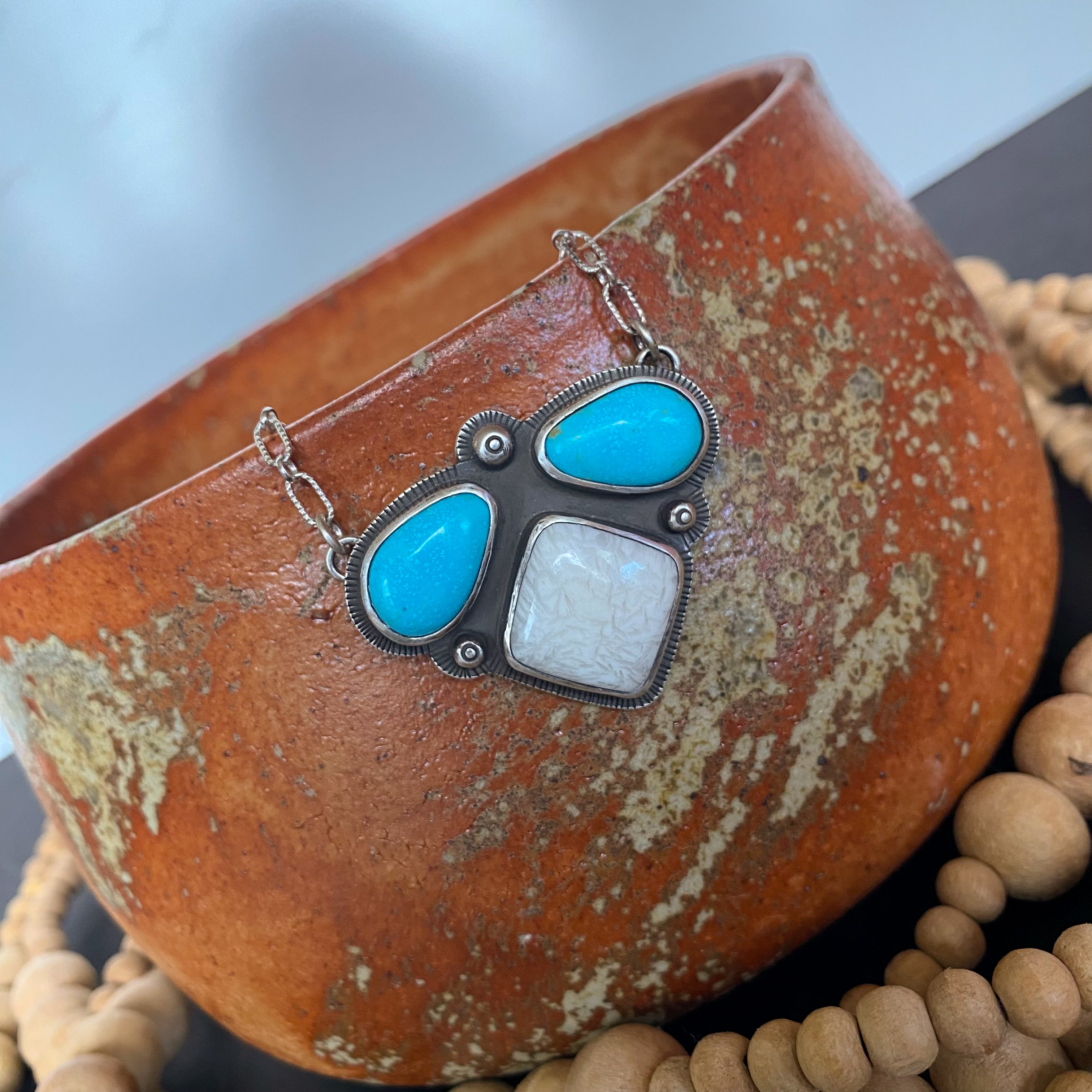 Triple Stone Necklace with Scolecite and Kingman turquoise stones